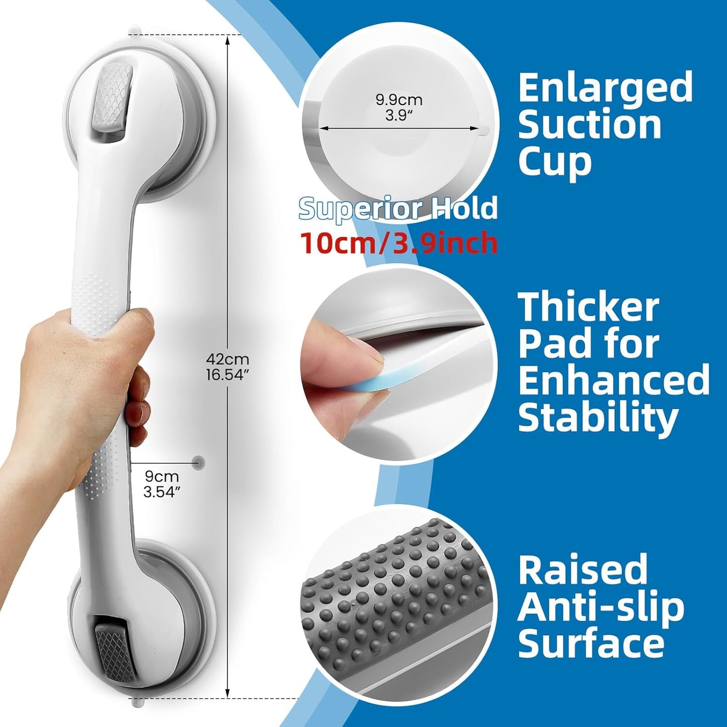 Behome 2 Pack Shower Grab Bar, 16’’ Suction Shower Handles for Bathtubs and Showers, Removable Handrails for Seniors Elderly, No Drilling