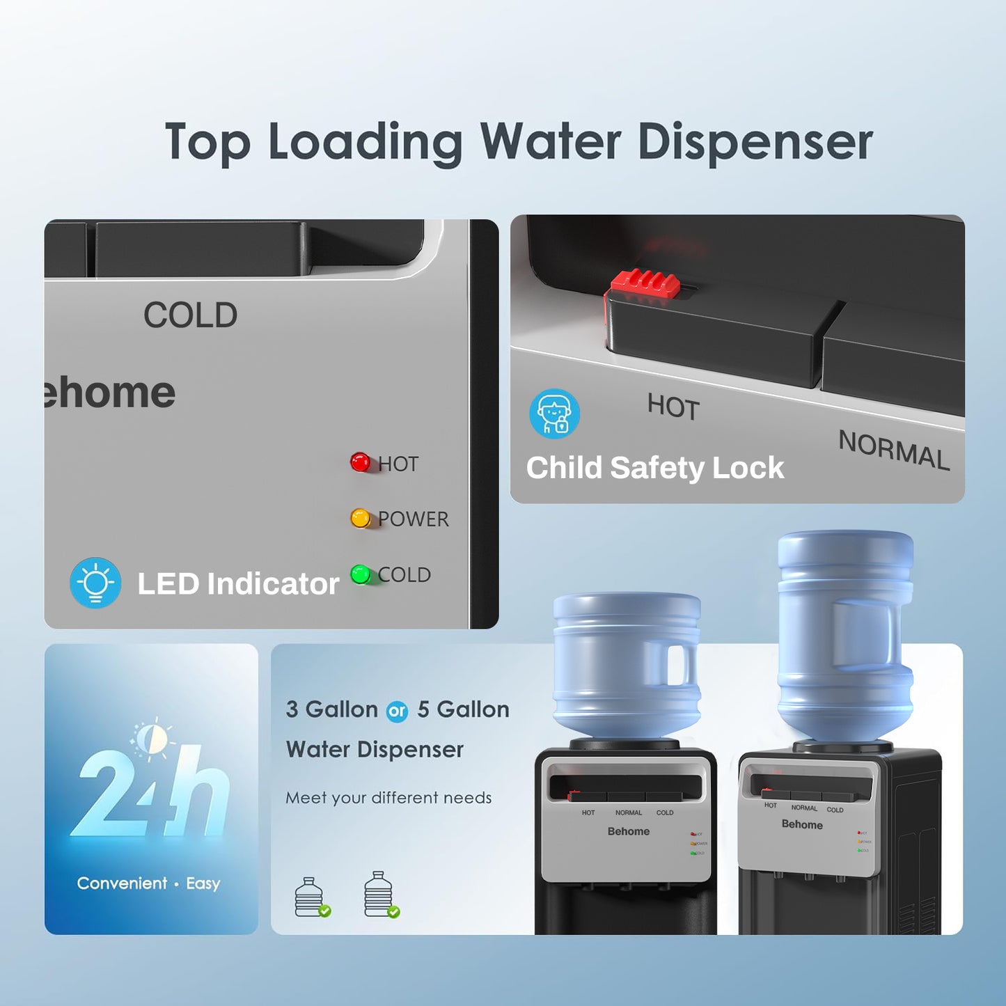 Behome Top Loading Water Cooler Dispenser, 3 Temperature Settings-Hot, Cold & Normal Water, Child Safety Lock, Holds 3 or 5 Gallon Bottles, for Homes, Kitchens, Offices, Dorms