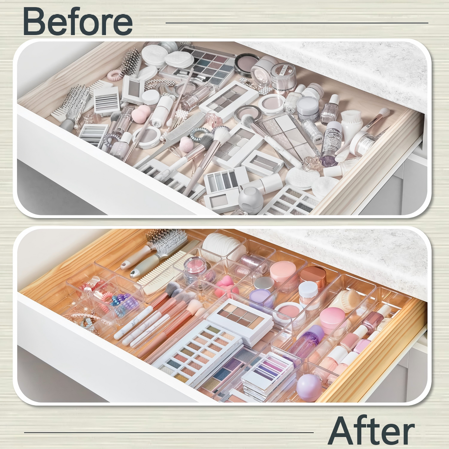 Behome 28 PCS Clear Plastic Drawer Organizers Set, 4-Size Versatile Drawer Organizer Trays, Storage Bins for Bathroom, Office, Makeup, Gadgets