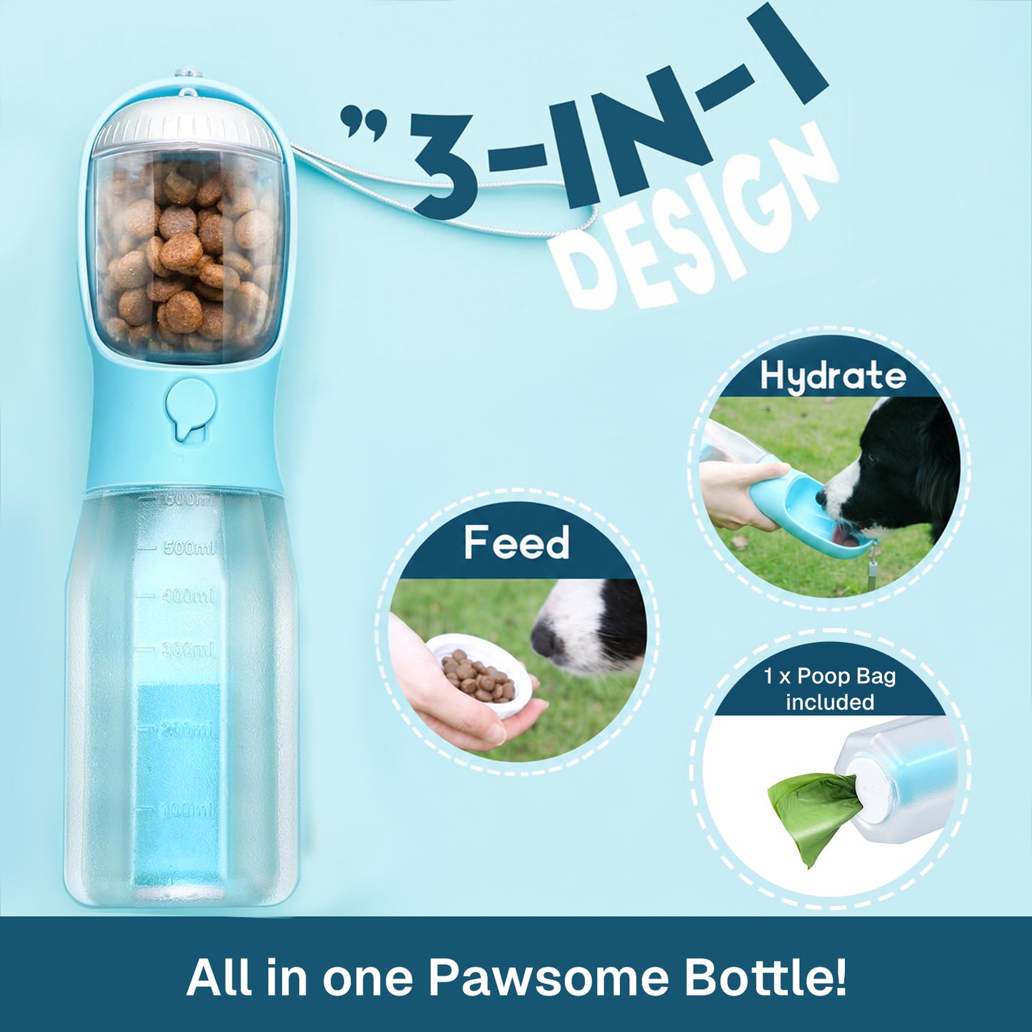 Behome Dog Water Bottle with Food Storage & Poop Bag Holder, 20.3 Oz Leak-Proof Portable Dog Water Dispenser for Outdoor Travel, Hiking, Camping & Beach Visits