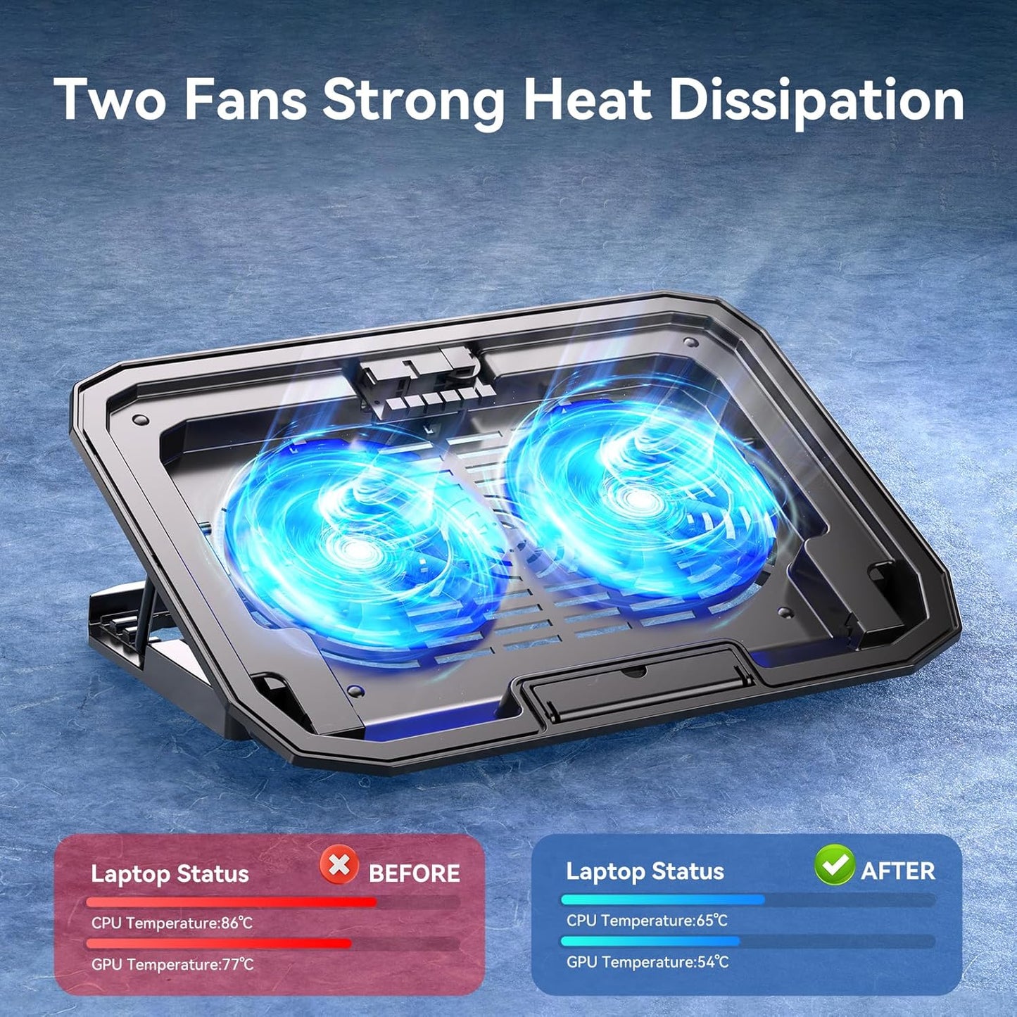 Behome Laptop Cooling Pad, 5 Heights & Stepless Adjustable Speeds, Quiet Gaming Laptop Cooler with Blue Lights, Portable Two USB Ports Laptop Cooler for 12"-15.6" Laptops, Black