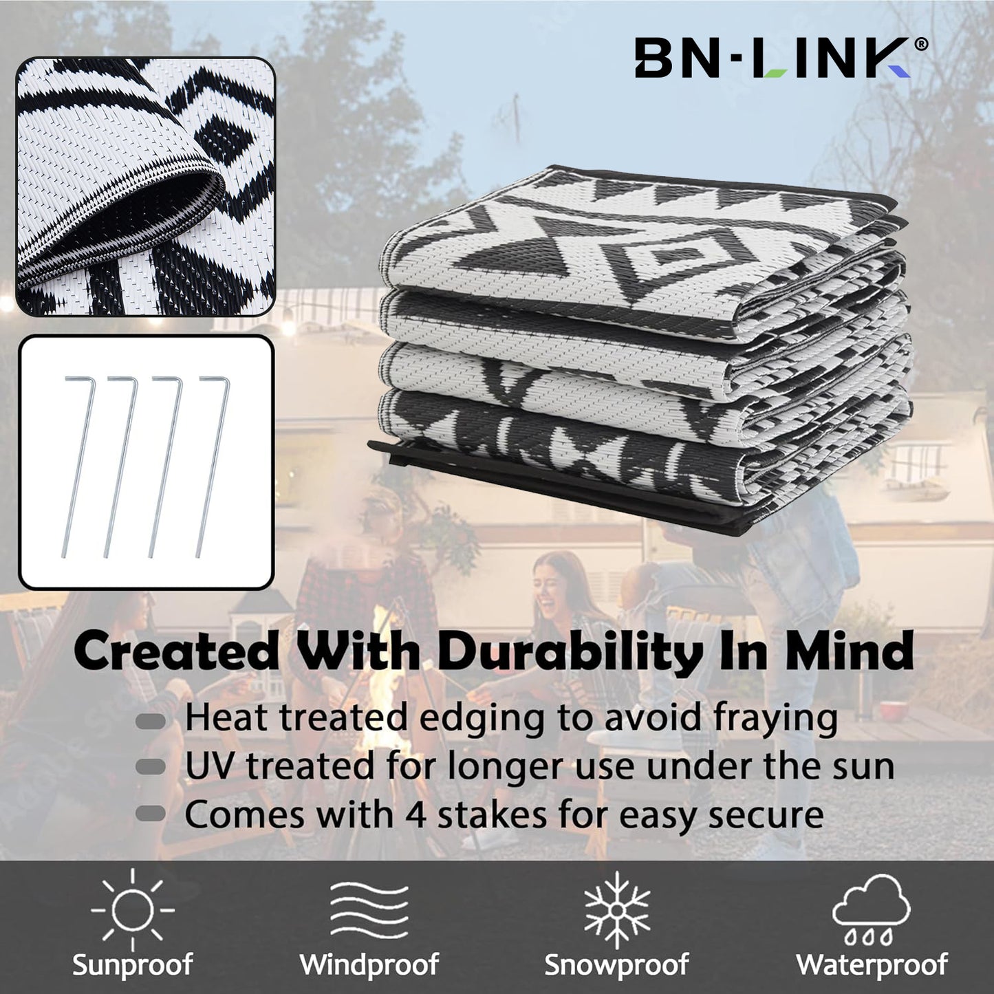 BN-LINK 6' x 9' Waterproof Outdoor Rug with Storage Bag, Reversible Plastic Straw Large Area Rug, Easy-Cleaning Modern Floor Mat for Outdoors, RV, Patio, Backyard, Deck, Picnic, Beach