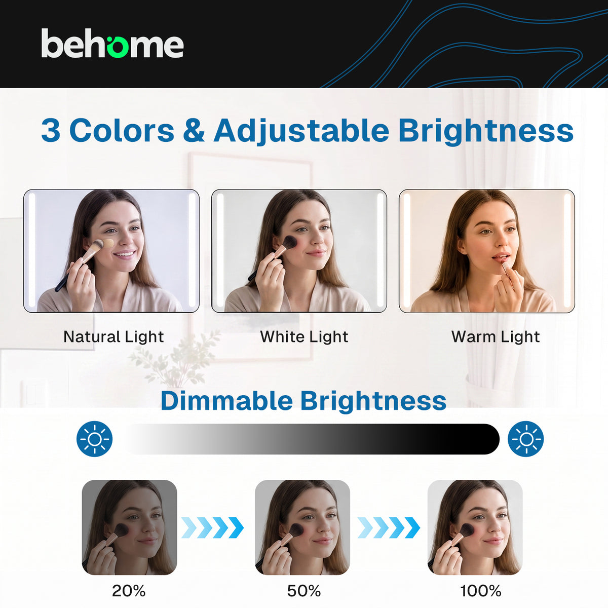 Behome 3 Way Mirror for Hair Cutting with Light and Storage Shelf, 360°Trifold Mirror with Adjustable Brightness & Height, for Shaving, Makeup, Hair Styling(Black)