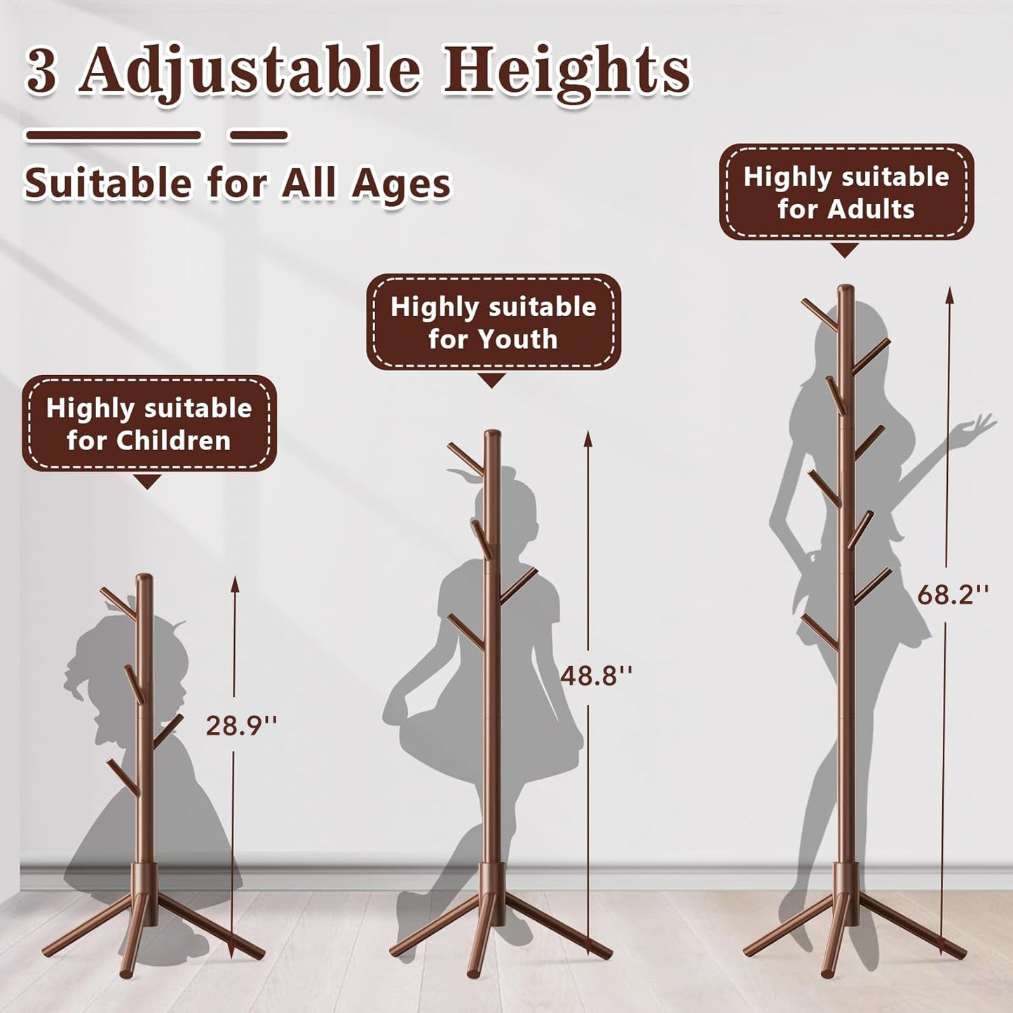 Behome Wooden Coat Rack, Solid Freestanding Coat Rack with 8 Hooks and 3 Adjustable Size, Hall Coat Tree for Bedroom, Entryway, Living Room, for Hats, Coats, Handbags, Brown