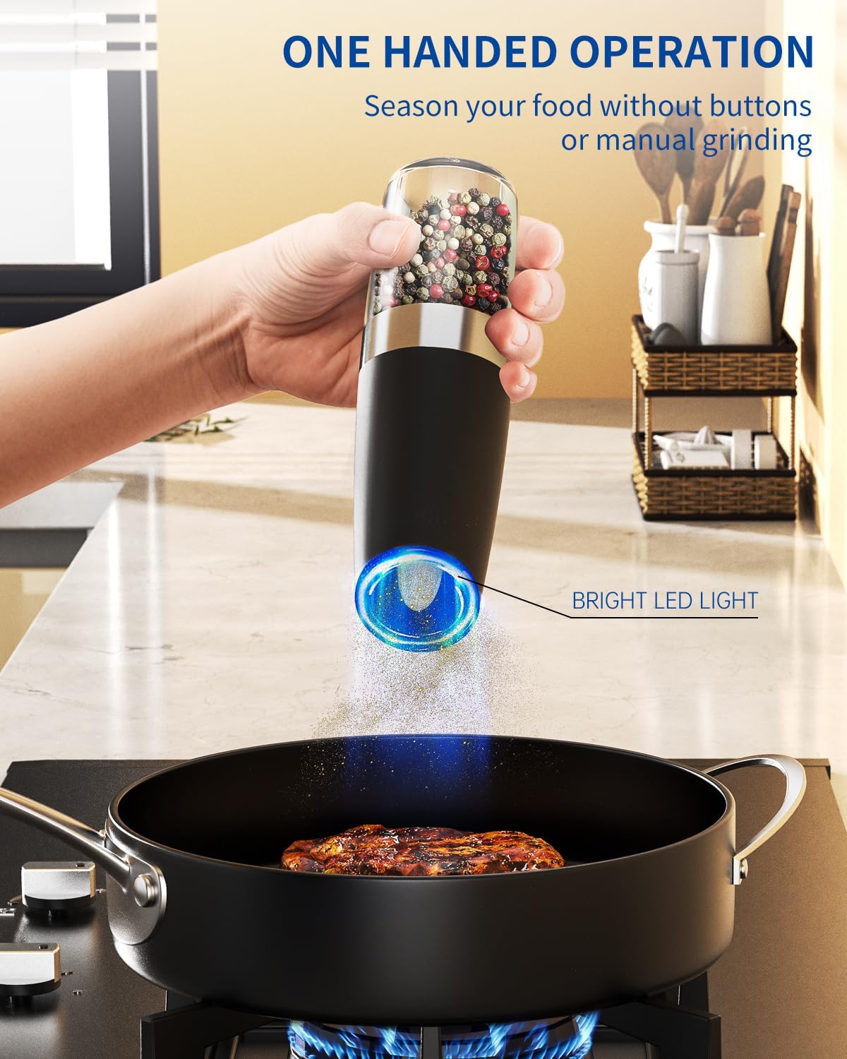 BN-LINK Gravity Electric Pepper and Salt Grinder Set, 2pack Battery Operated Automatic Pepper Mill Grinder with LED Light, Adjustable Coarseness, One Hand Automatic Operation, for Home Kitchen BBQ