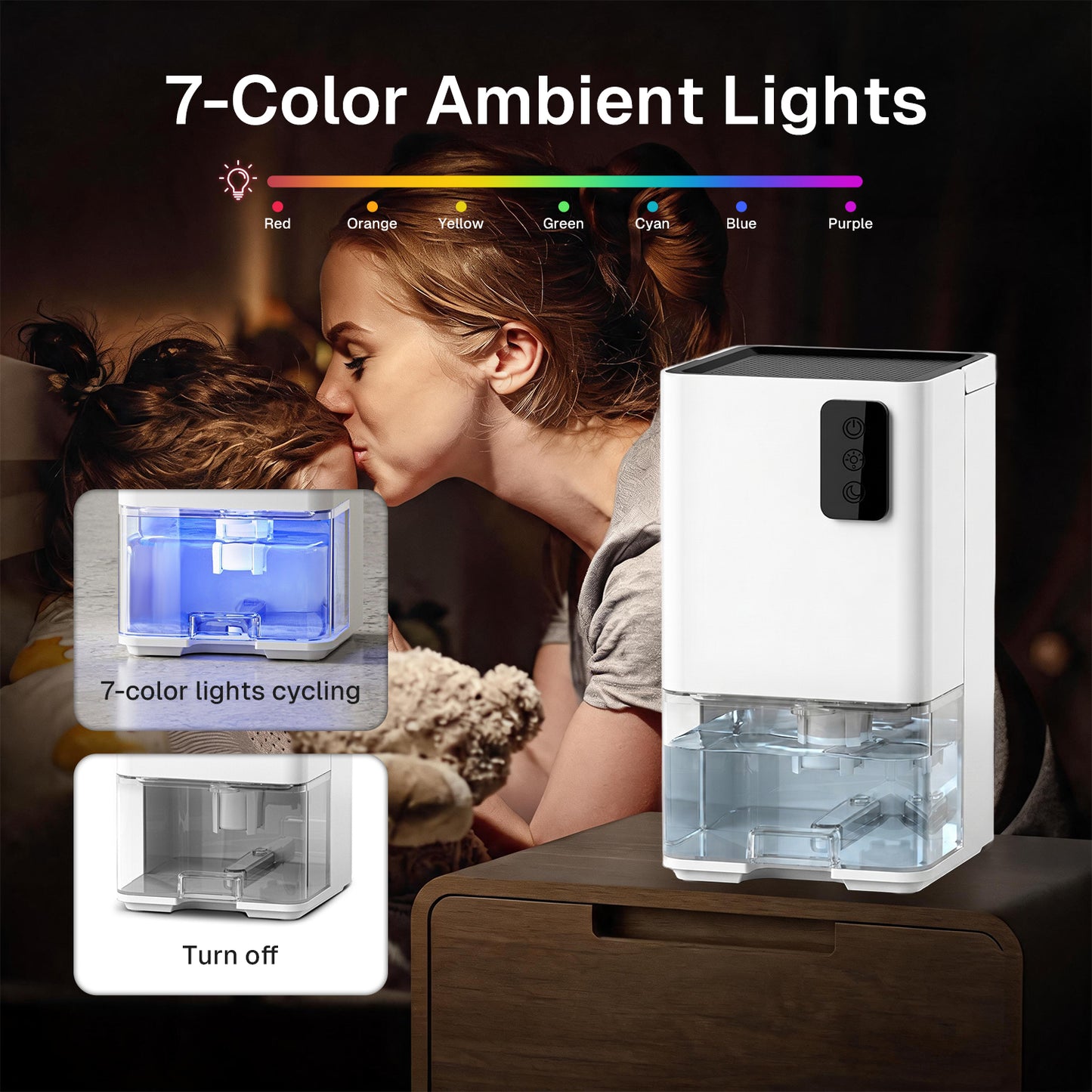 Behome Small Dehumidifiers,41 OZ Dehumidifier Quiet with Auto Shut Off，323 sq.ft Dehumidifiers for Bedroom, Bathroom, RV, 7 Colors LED Light,White