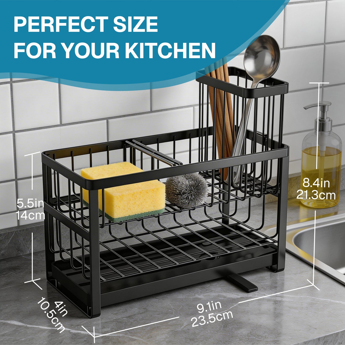Behome 2-Tier Sponge Holder for Kitchen Sink, Sink Caddy Organizer with Brush Holder and Removable Drain Tray, Rustproof Countertop Organizer for Sponge, Soap Dispenser Storage Accessories