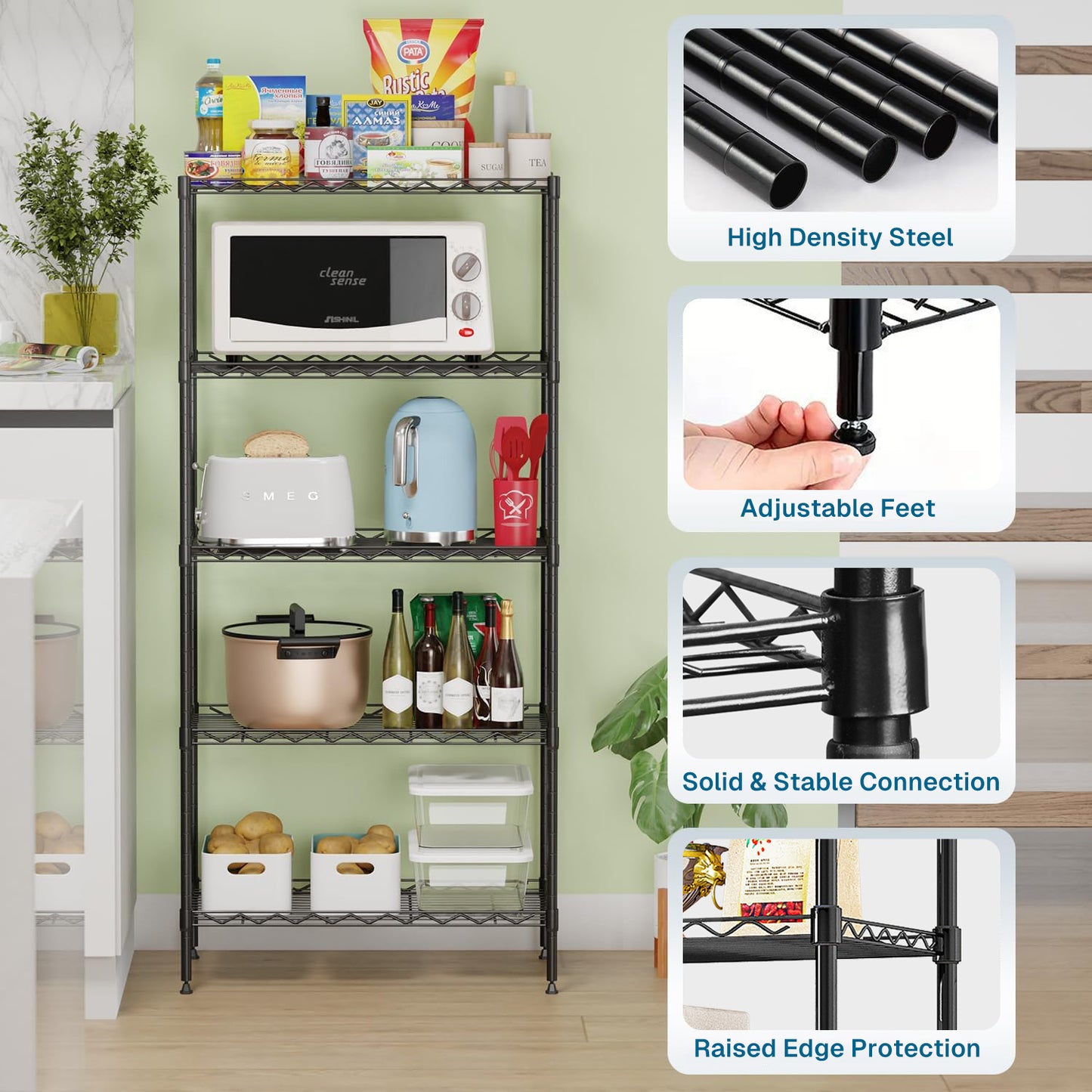 Behome 5-Tier Wire Shelving Unit With 4 Hooks, 21.26"D x 11.4"W x 59"H Adjustable Metal Storage Shelves, Heavy Duty Storage Rack, No-Tool Assembly for Kitchen, Garage, Pantry Closet