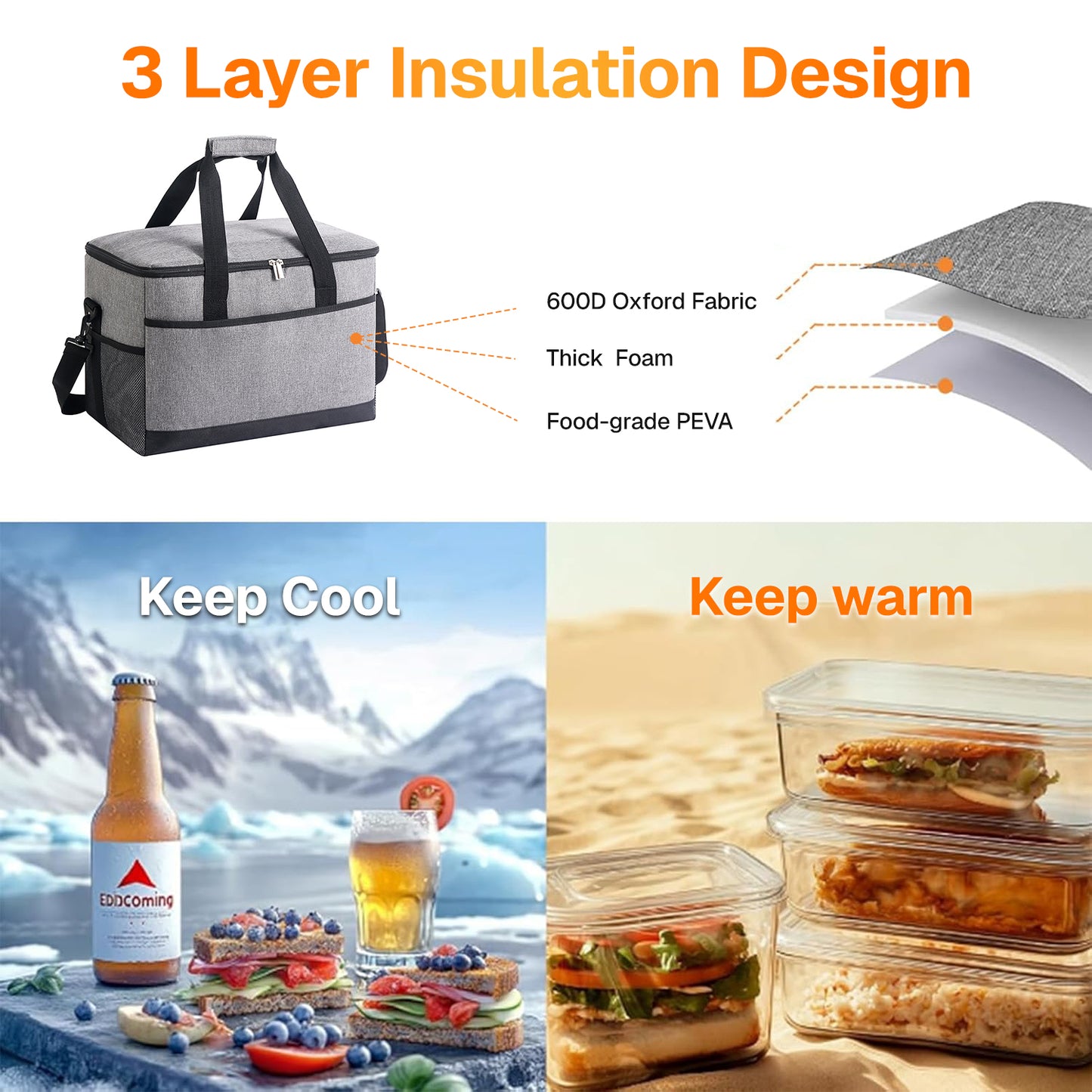 BN-LINK Insulated Cooler Bag,37Qt Capacity Soft Cooler with Adjustable Shoulder Strap,Leakproof Lunch Bag for Picnic, Grocery, Beach, Camping, Travel,Gray