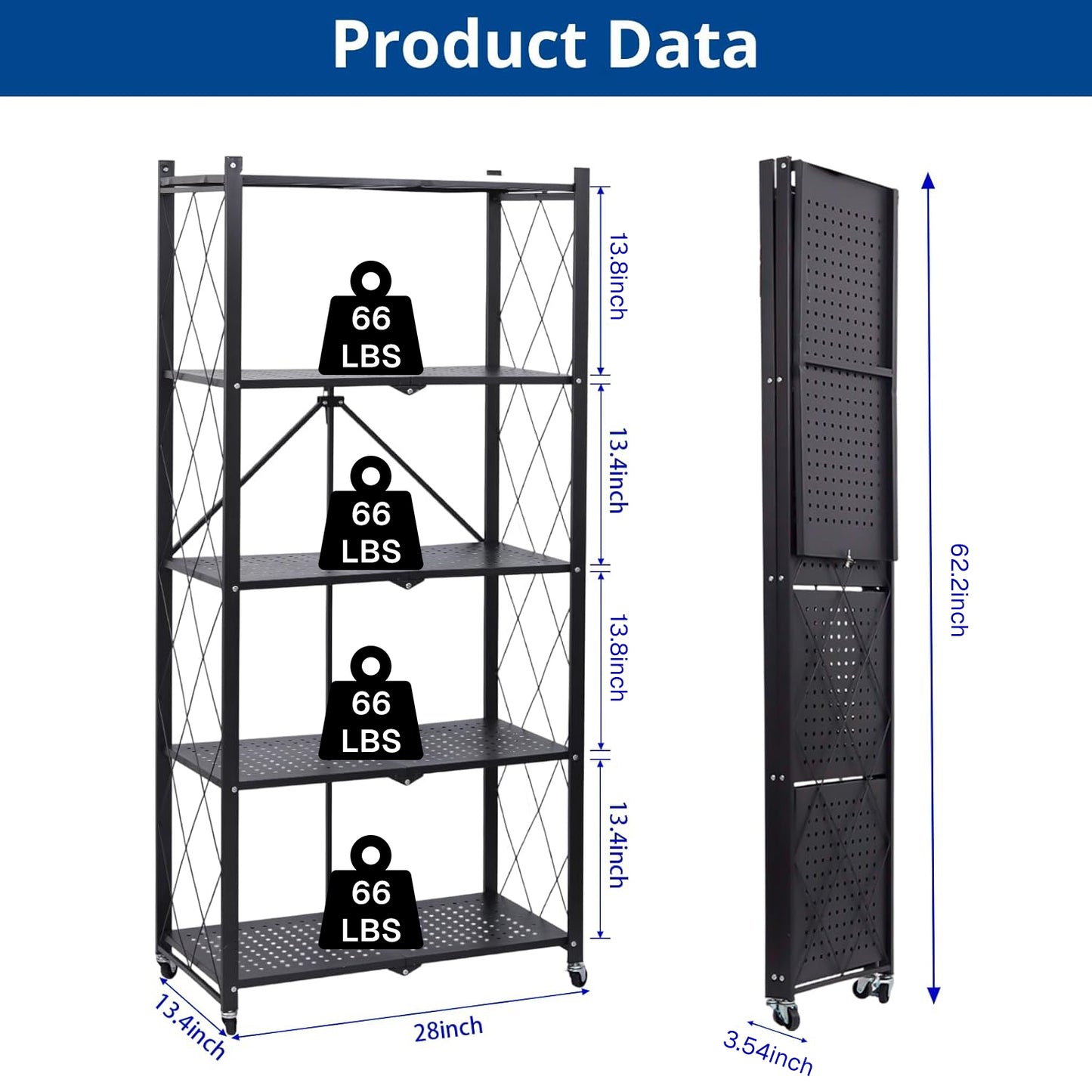 Behome 5 Tier Foldable Storage Shelves with Wheels, 28.1"x 13.4"x 61" Metal Shelving, No Assembly Storage Rack for Garage Kitchen, Basement, Pantry