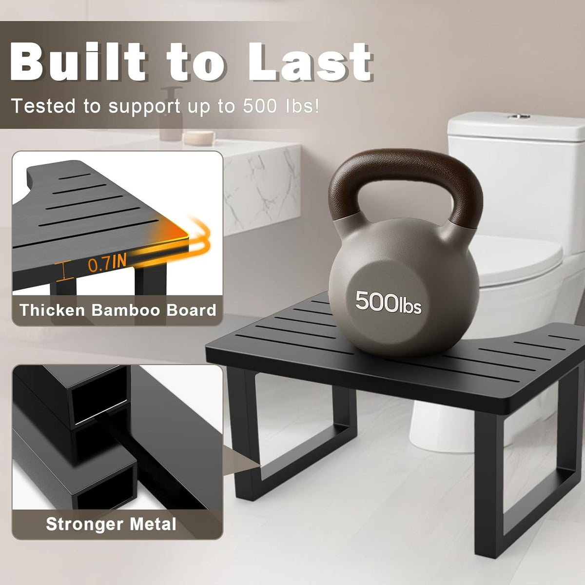 Behome Foldable Toilet Stool, 7 in, 8 in or 9 in Adjustable Height Potty Stool for Adults, Non-Slip Poop Step Stool for Bathroom, Improve Squatting Posture and Comfort, Black