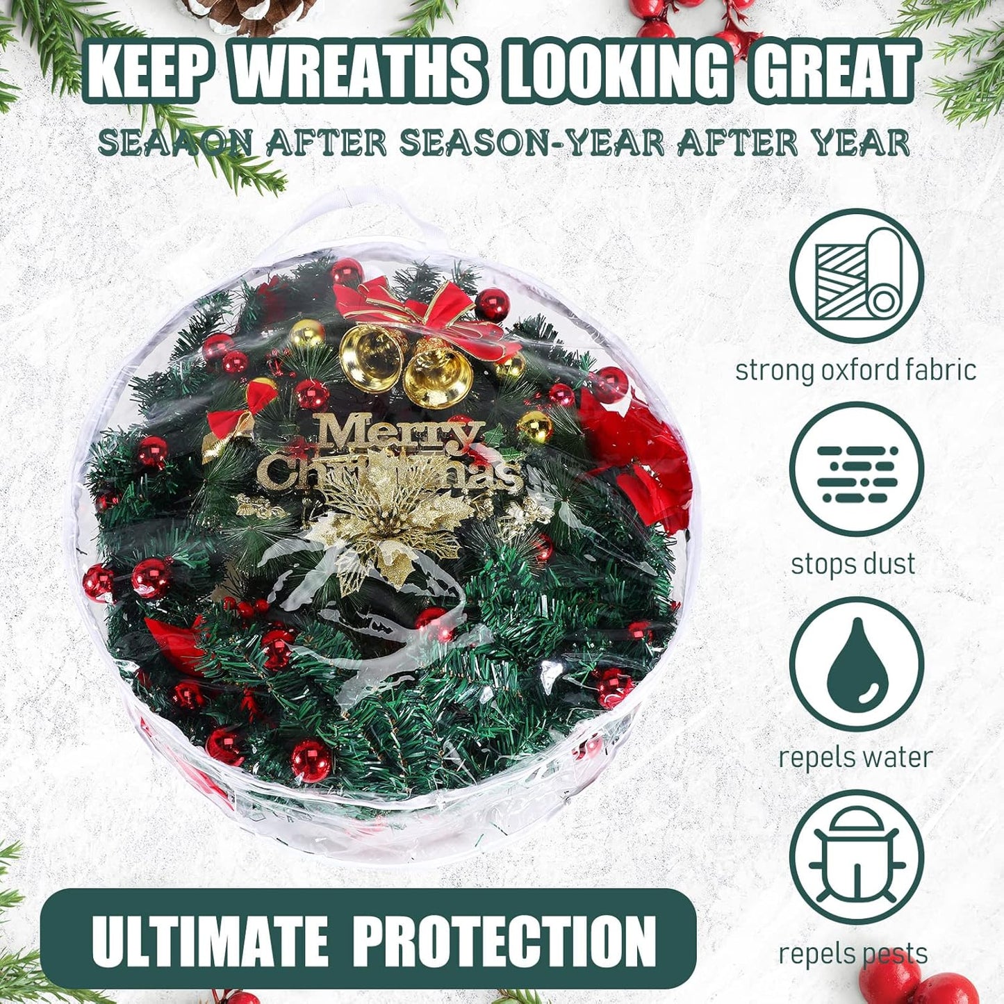 Behome 2 Pack Christmas Wreath Storage Bag, Clear Christmas Decoration Garland Container, Durable Zipper PVC Holiday Wreaths Storage Holder with Handles (White, 24”)
