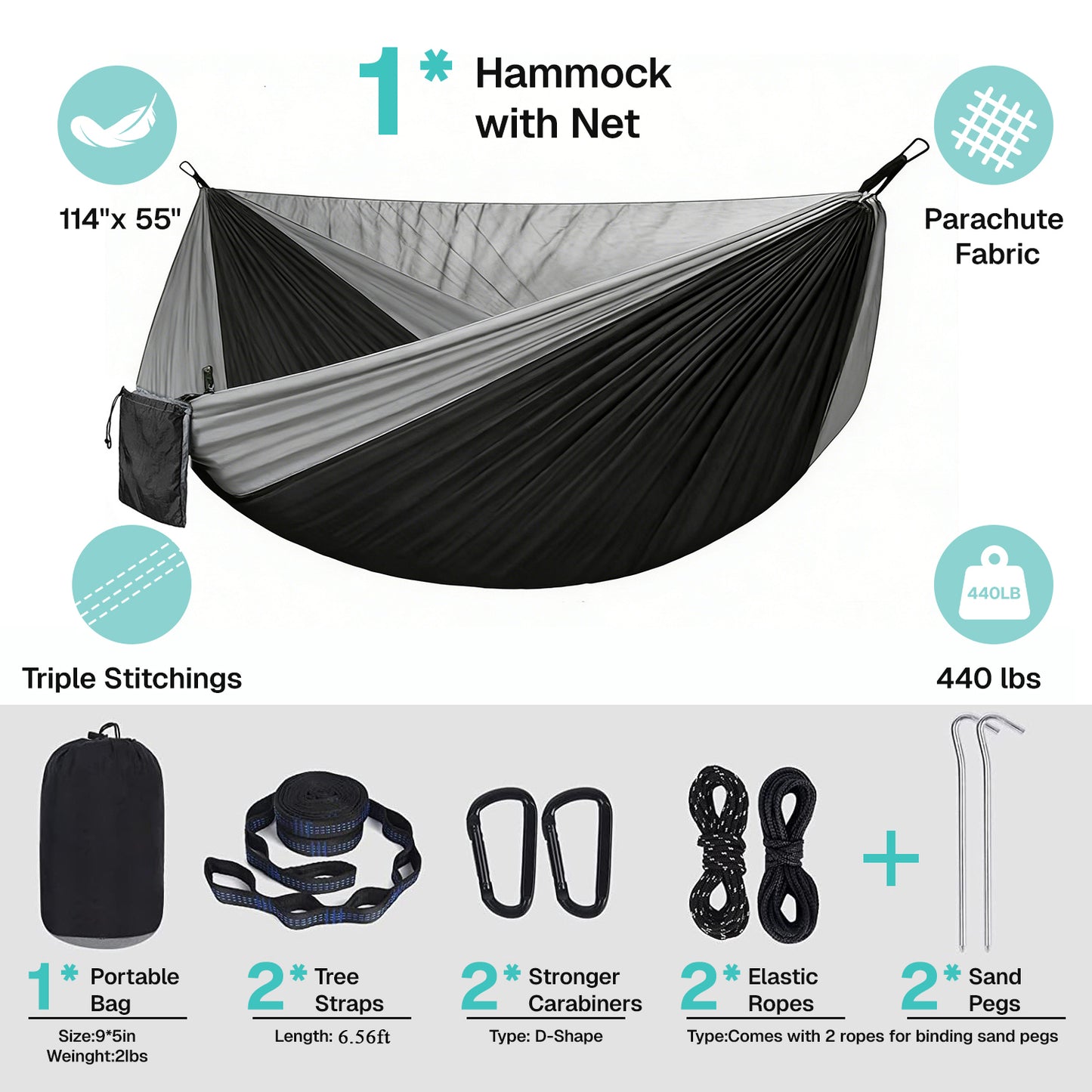 BN-LINK Camping Hammock with Net, Portable Lightweight Hammocks with Tree Straps, Outdoor Hammocks for Backpacking,Beach,Backyard,Patio,Hiking,440 lb Capacity,Gray Black