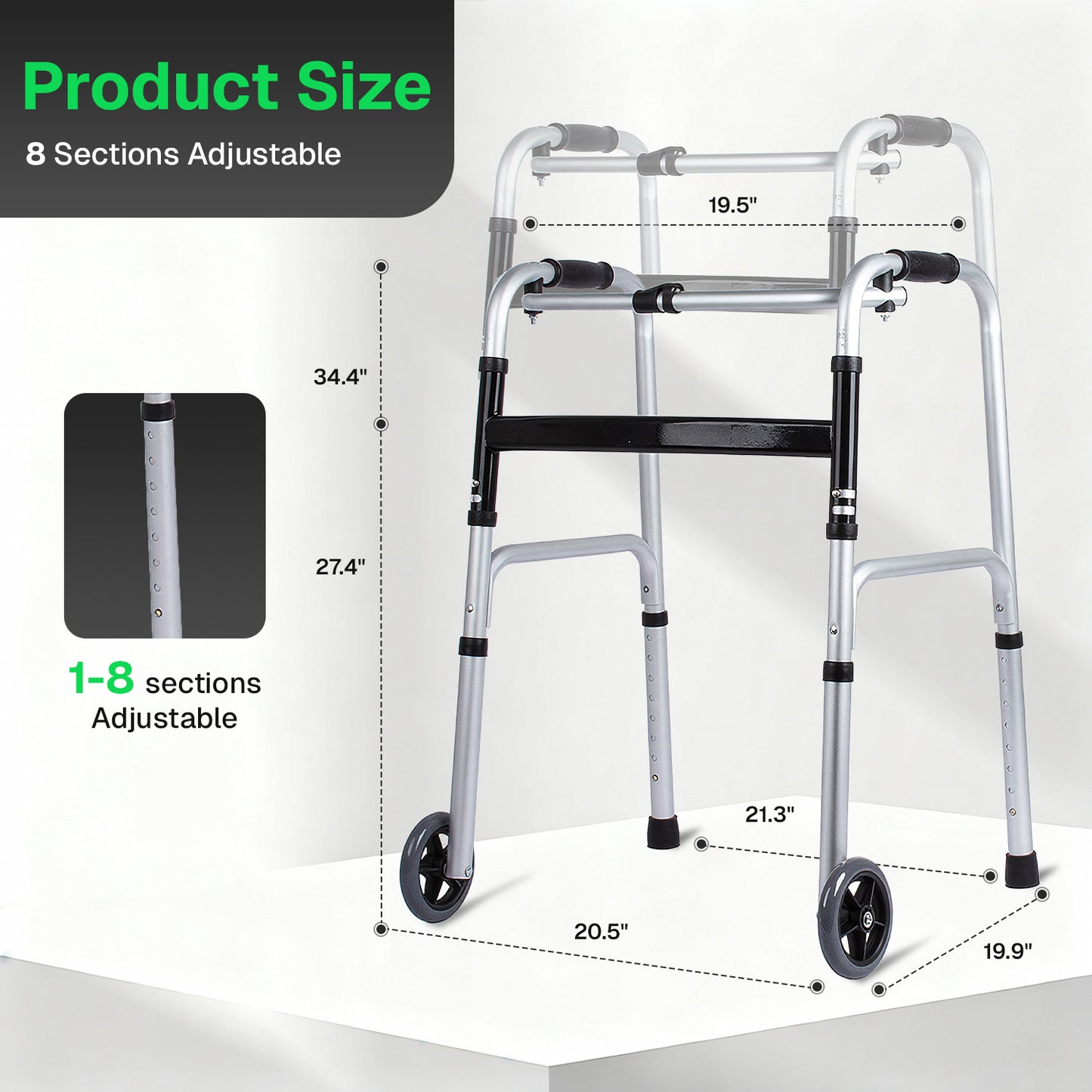 BN-LINK Walker for Senior, Folding Walker with 5'' Wheels, Adjustable Lightweight Aluminum Walker for Elderly,Disabled,Supports up to 330 lbs, Silver