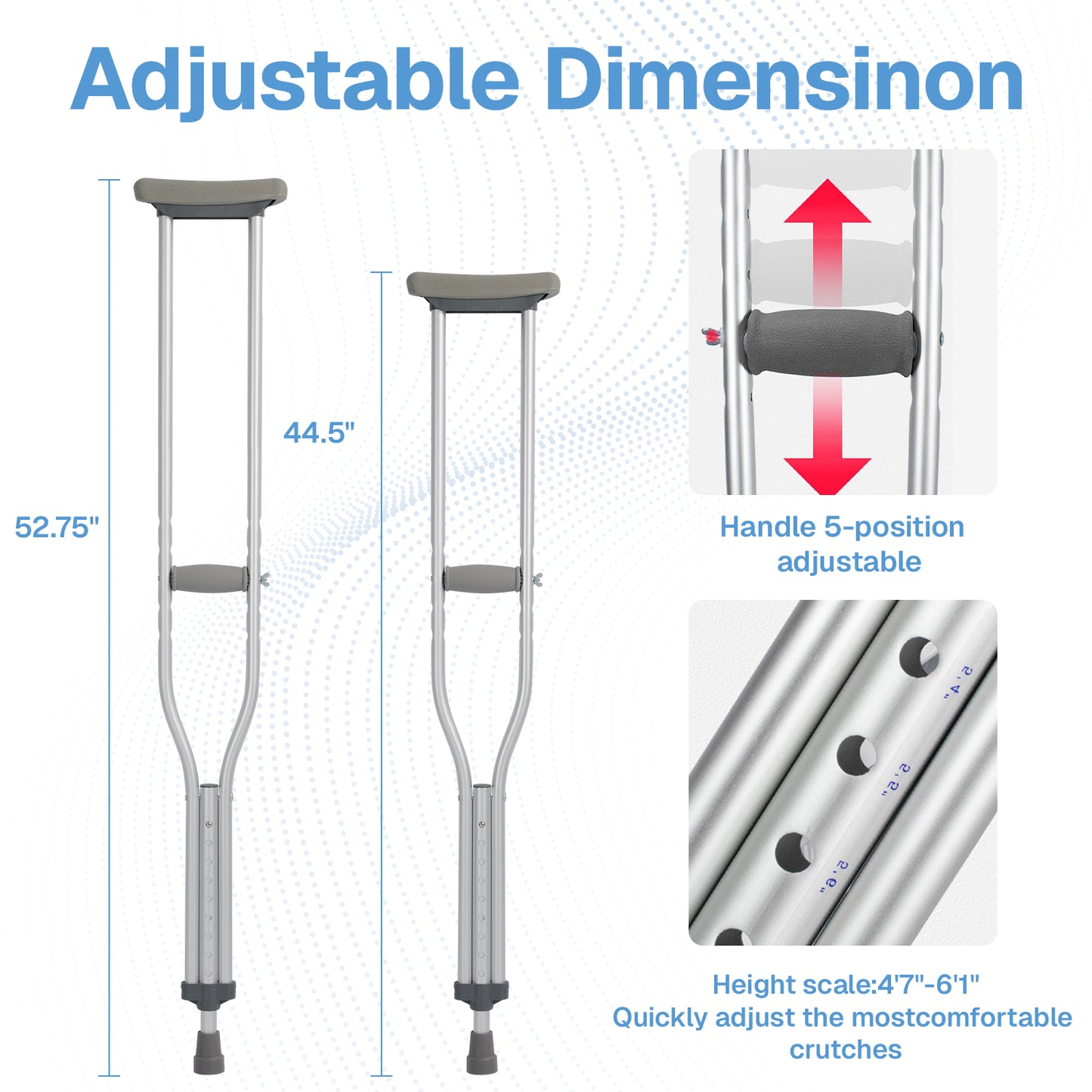 BN-LINK Adjustable Crutches for Adults,Lightweight Aluminum Crutches,Walking Crutches with Underarm Pad and Handgrip,330 LBS Weight Capacity,Heights 4'7" to 6'1",1 Pair