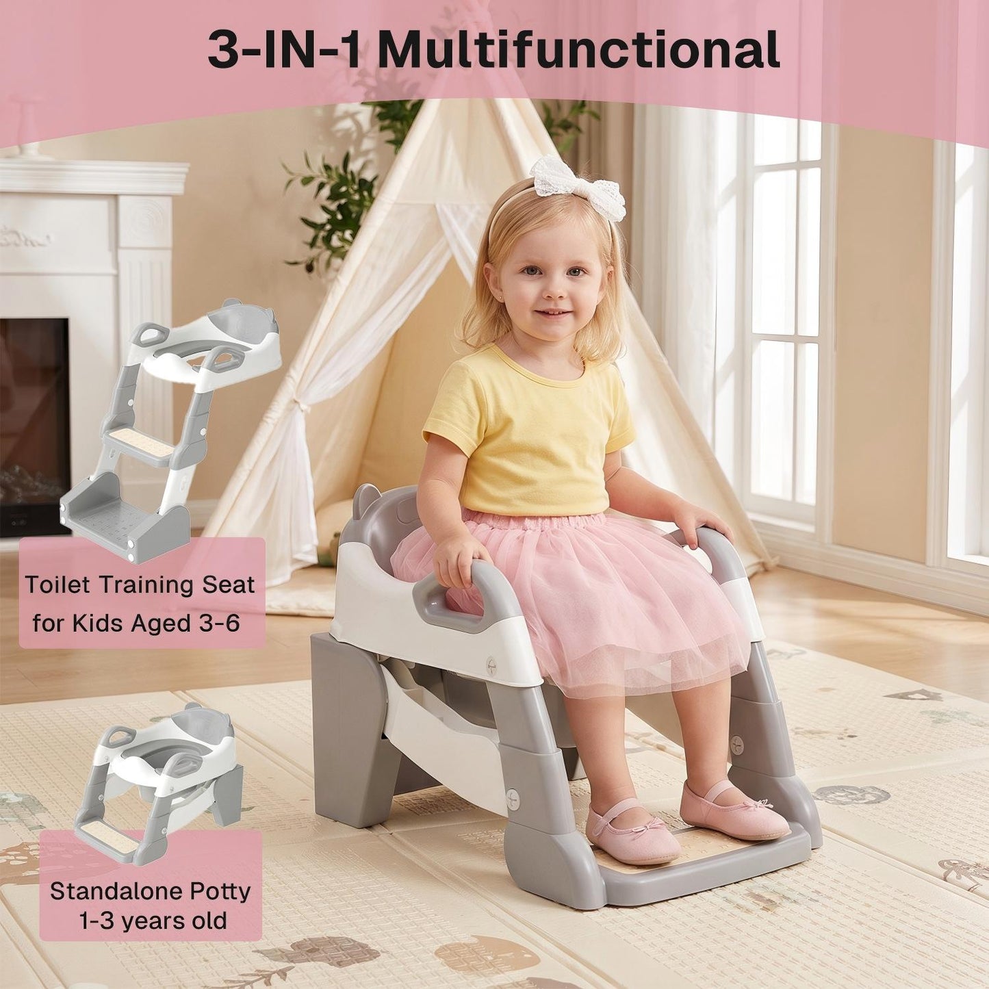 Behome 3 in 1 Potty Training Seat with Urinals, Potty Training Toilet with Non-slip Step Stool, Cushioned Mat & Splash Guard, 3 Adjustable Height Toddler Toilet Seat for Boys & Girls