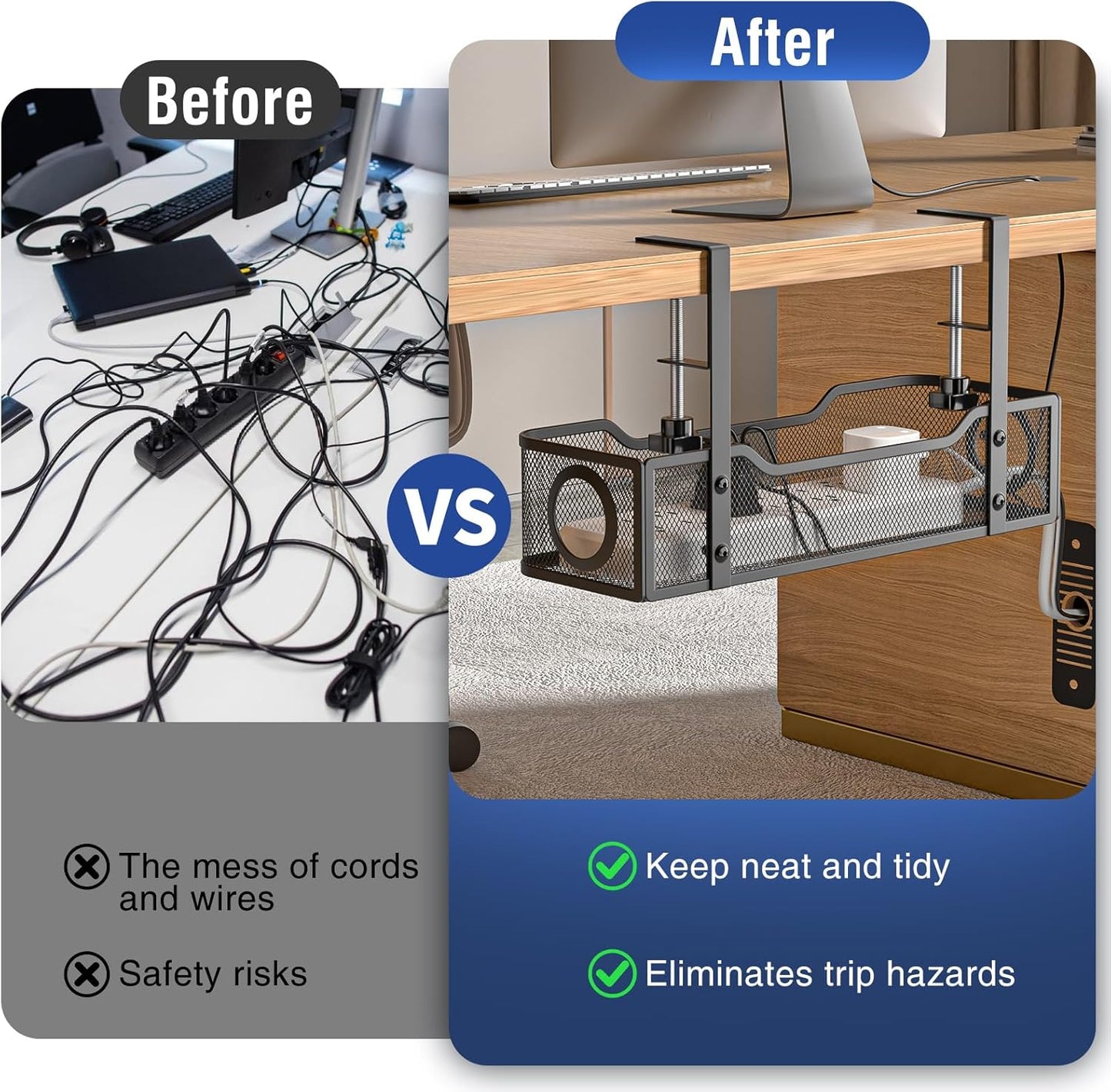 Behome Under Desk Cable Management, Metal Mesh Cord Organizer Under Desk with Clamp Mount, Metal Under Desk Tray with Wire and Cord Organizer, Black