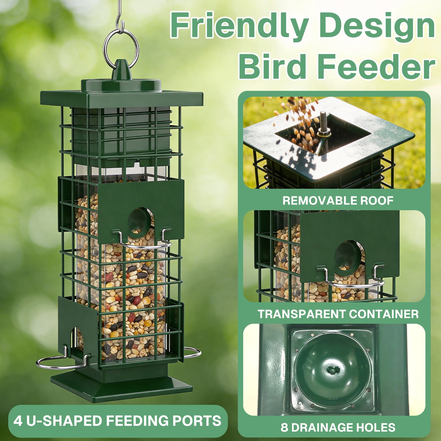 BN-LINK Squirrel Proof Bird Feeder, Metal Bird Feeder with 4 Ports, Chewing Proof&amp; Rust-Resistant, 3 lb Capacity, Outdoor Hanging Birdfeeder for Wild birds,Green