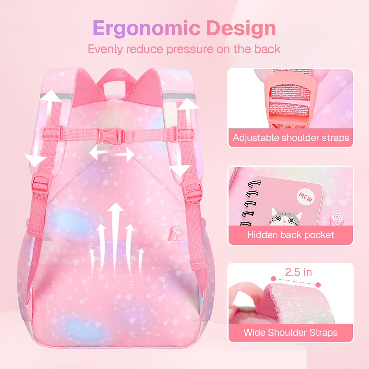 Behome 17” Backpack for Girls, Large kids backpack, School Backpacks with Durable & Water-Resistant Fabric, for Elementary, Middle, and High School Students