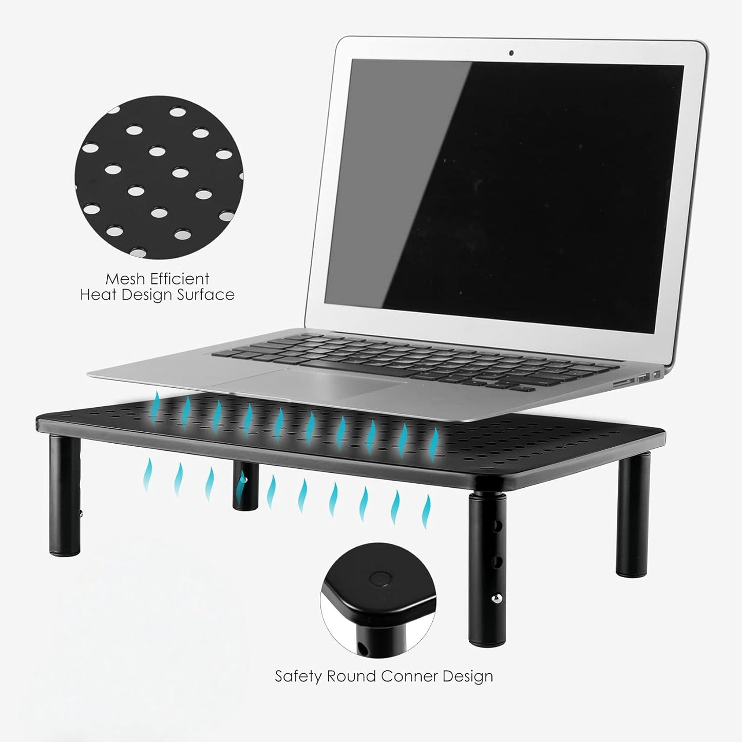 Behome 2 Pack Monitor Stand, Desk Monitor Riser 3 Height Adjustable, Laptop Riser with Airflow Vents, Desktop Stand for Computer, Printer, Monitor, Laptop, Black Steel, 14.57 in