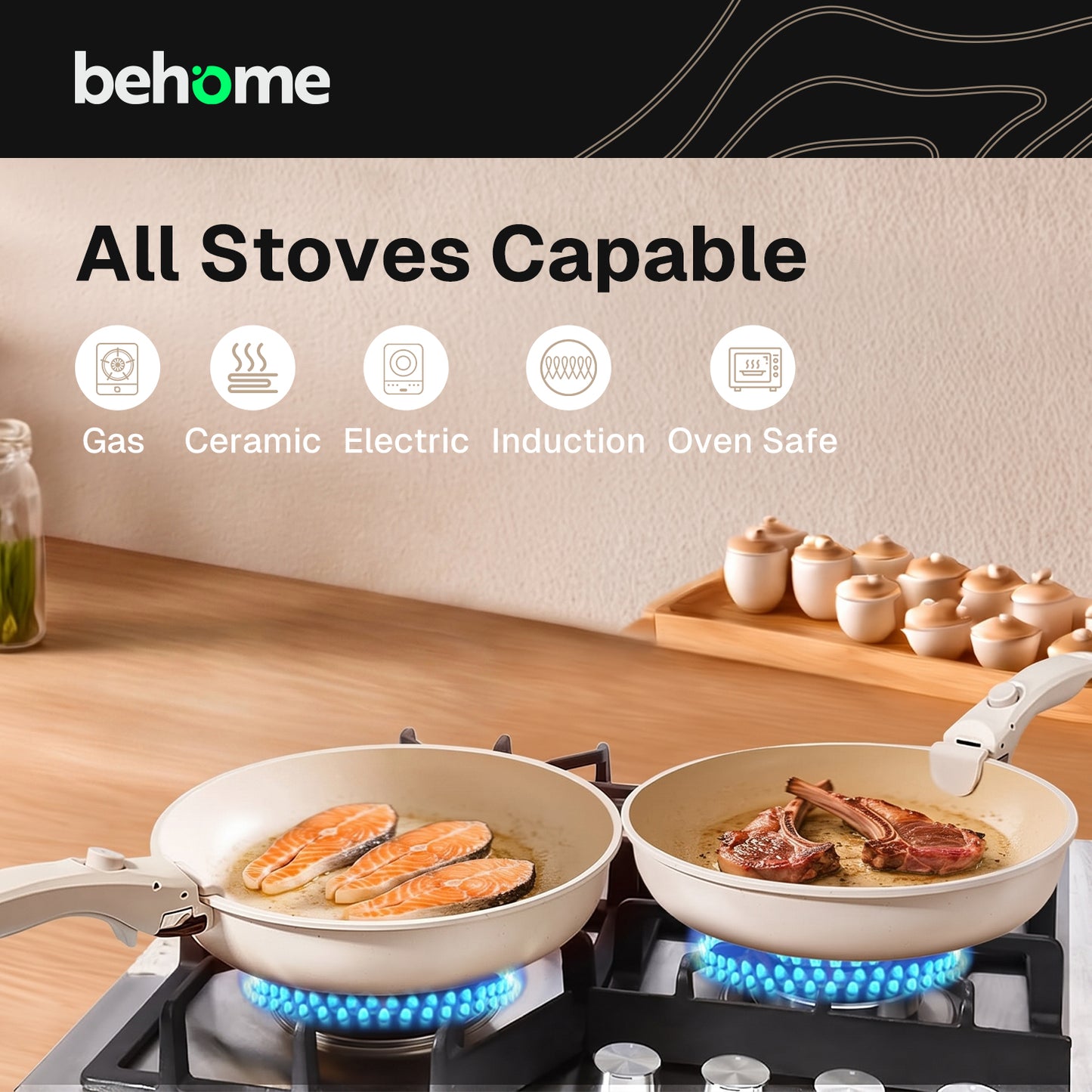 Behome 17 Pcs Pots and Pan Set Non Stick with Detachable Handle, Ceramic Cookware Set, Compatible with Induction, Electric, Gas Cooktops, Dishwasher & Oven Safe