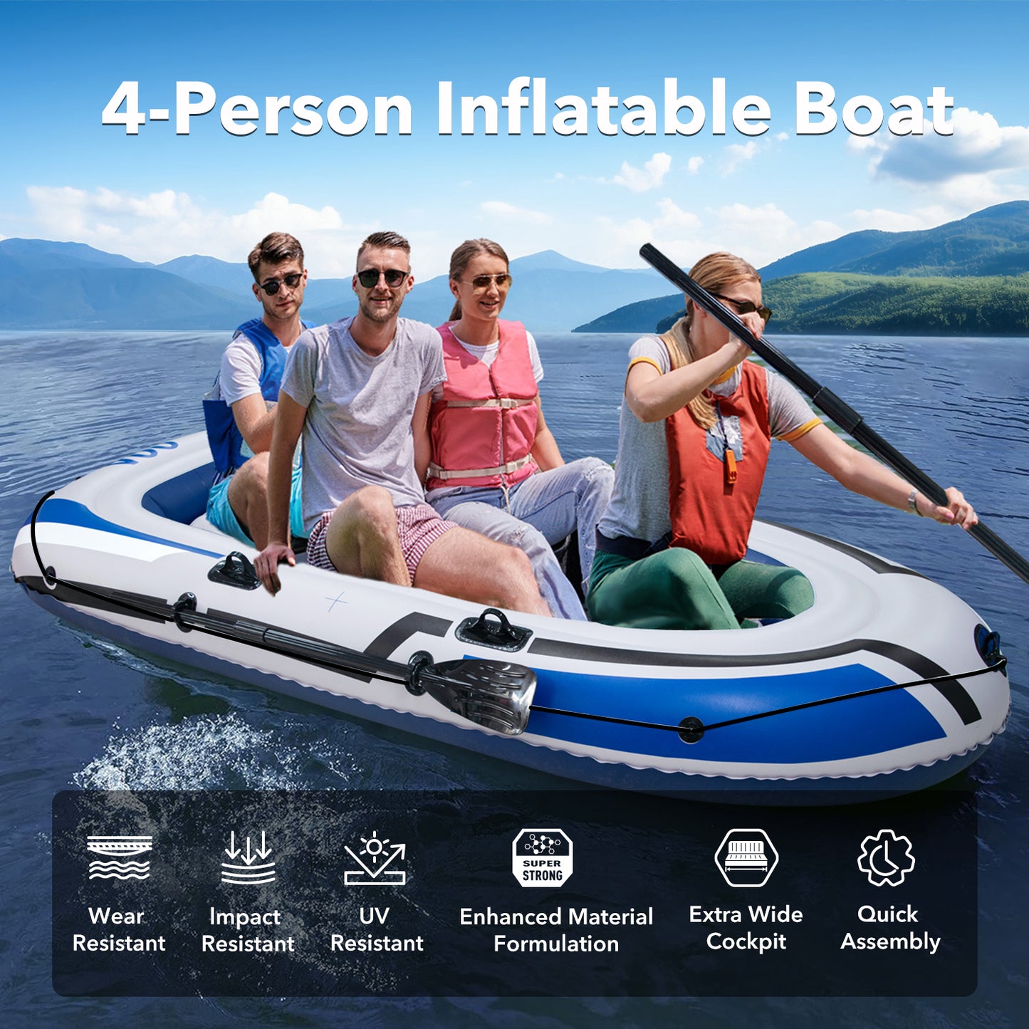 BN-LINK 4-Person Inflatable Boat Series with Seats, Inflatable Raft with a Pair of Deluxe Oars, High-Output Pump, Detachable Fishing Rod Holders, Fishing Boat for Ponds, Lakes, Rivers