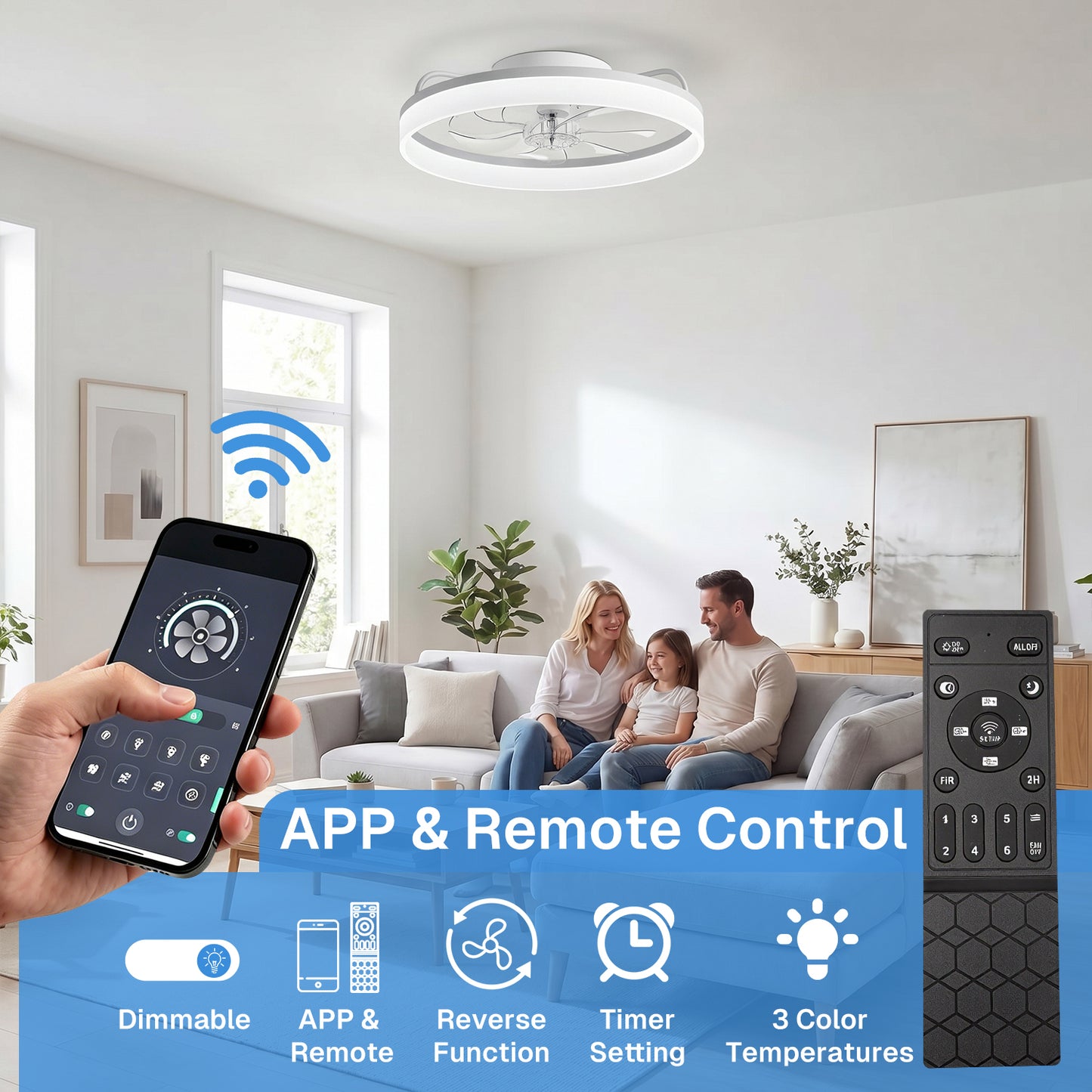 Behome 20" Ceiling Fan, Low Profile Ceiling Fans with Lights and Remote/APP Control, Flush Mount, 6 Speeds & Reversible, 3CCT, Dimmable, Noiseless, for Bedroom, Living Room