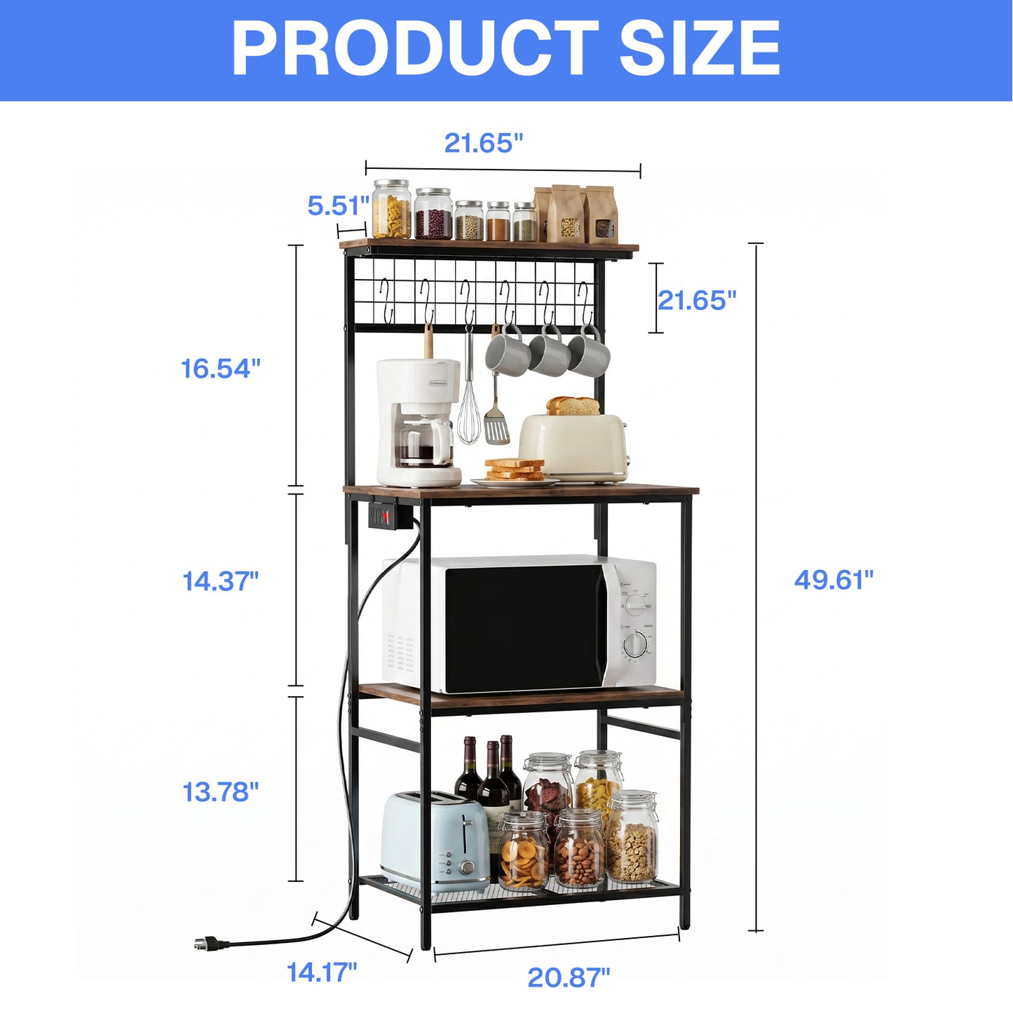 Behome Kitchen Bakers Rack with Power Outlet,Microwave Stand Station with 6 S Hooks,4 Tiers Kitchen Storage Shelf Rack for Kitchen, Dining Room,Living Room,Rustic Brown