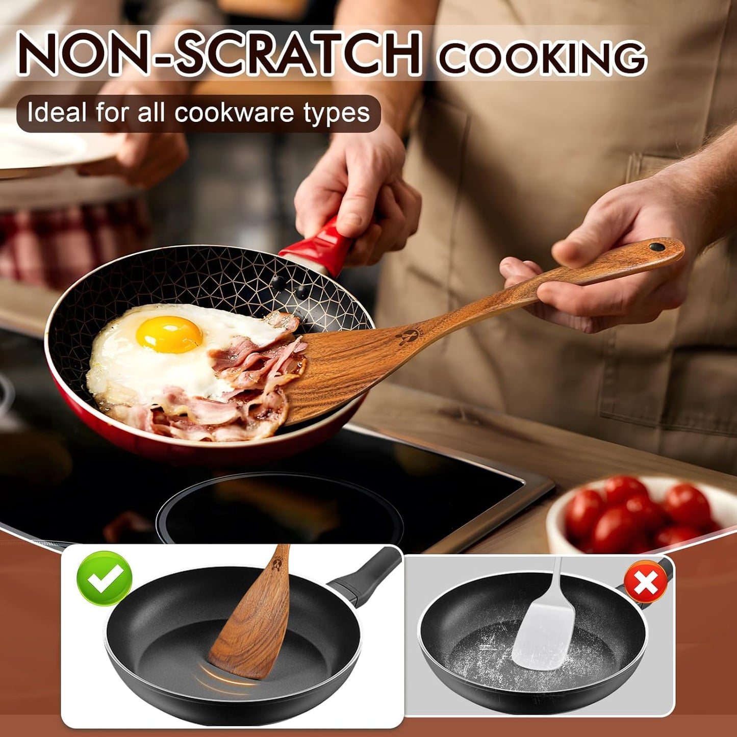 Behome 6pcs Wooden Kitchen Utensil Set, Non-Stick Cooking Utensils Set with Ergonomic Handles, Wooden Spoons for Cooking, Housewarming Gifts for Everyday Use
