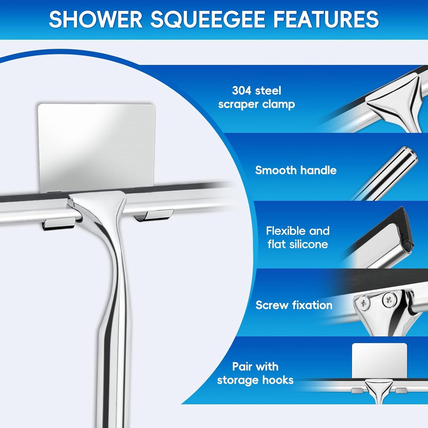 Behome 10 Inch Shower Squeegee for Shower Glass, All-Purpose Stainless Steel Squeegee with Adhesive Hooks, for Shower Doors, Car GlassM, irror and Window, Silver