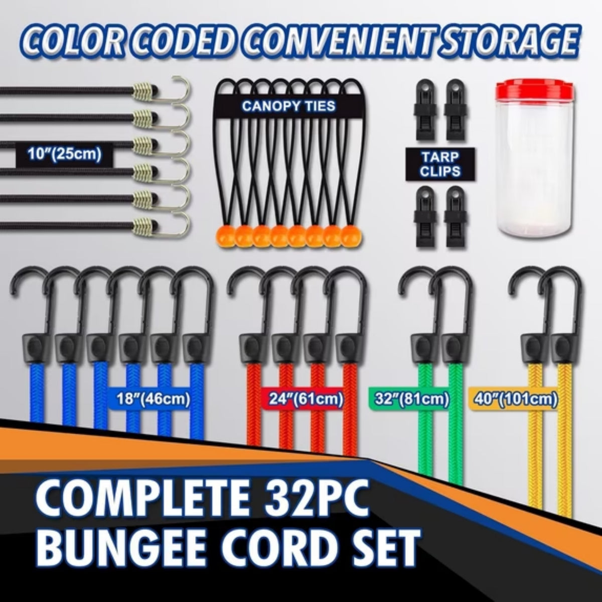 Behome 32 Pieces Bungee Cords with Hooks, Set Includes 18", 24", 32", 40" Heavy-Duty Stretch Cords With Hooks, Strong Elastic Rope for Outdoor Tent, Luggage Rack, Camping