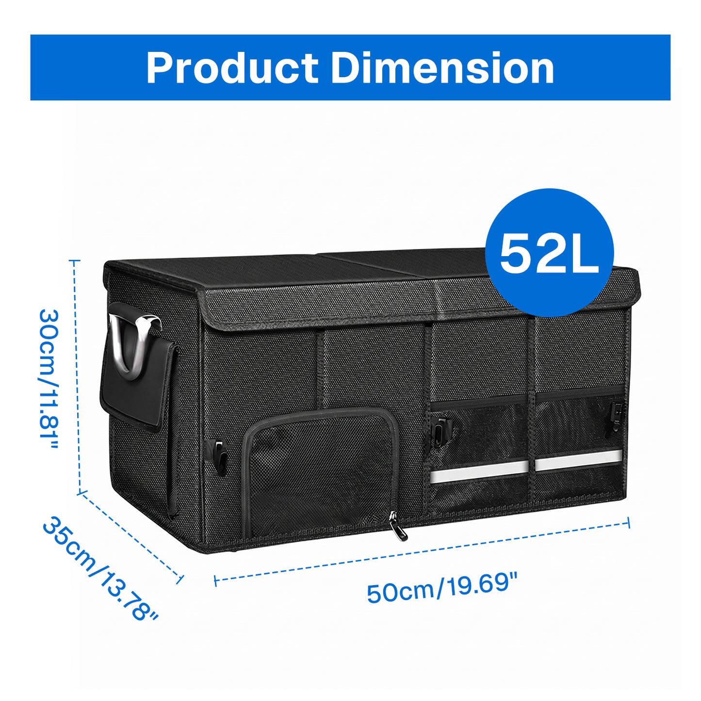 BN-LINK Car Trunk Organizer,52L Foldable Trunk Organizer, Aluminium Alloy Handle Car Storage Organization for Car,SUV, Truck, Black