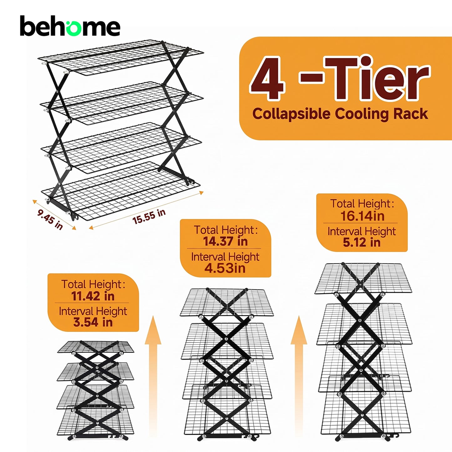 Behome 4-Tier Collapsible Cooling Rack, 3 Setting Design Stackable Baking Rack, Dishwasher Safe Cooling Racks for Cooking, Baking, Roasting & Grilling