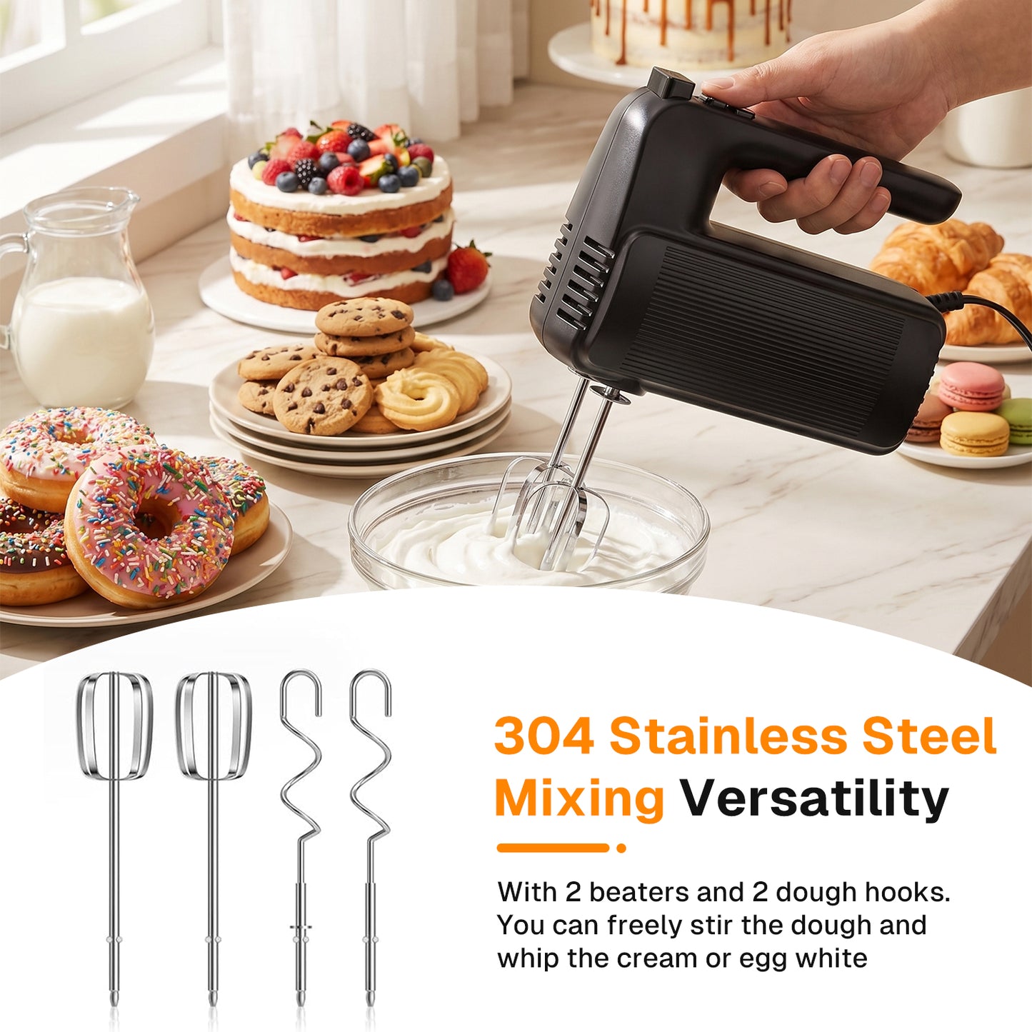 Behome Electric Hand Mixer, 5-Speed Handheld Mixer with Turbo, 300W Lightweight Egg Mixer for Baking & Cooking,Black