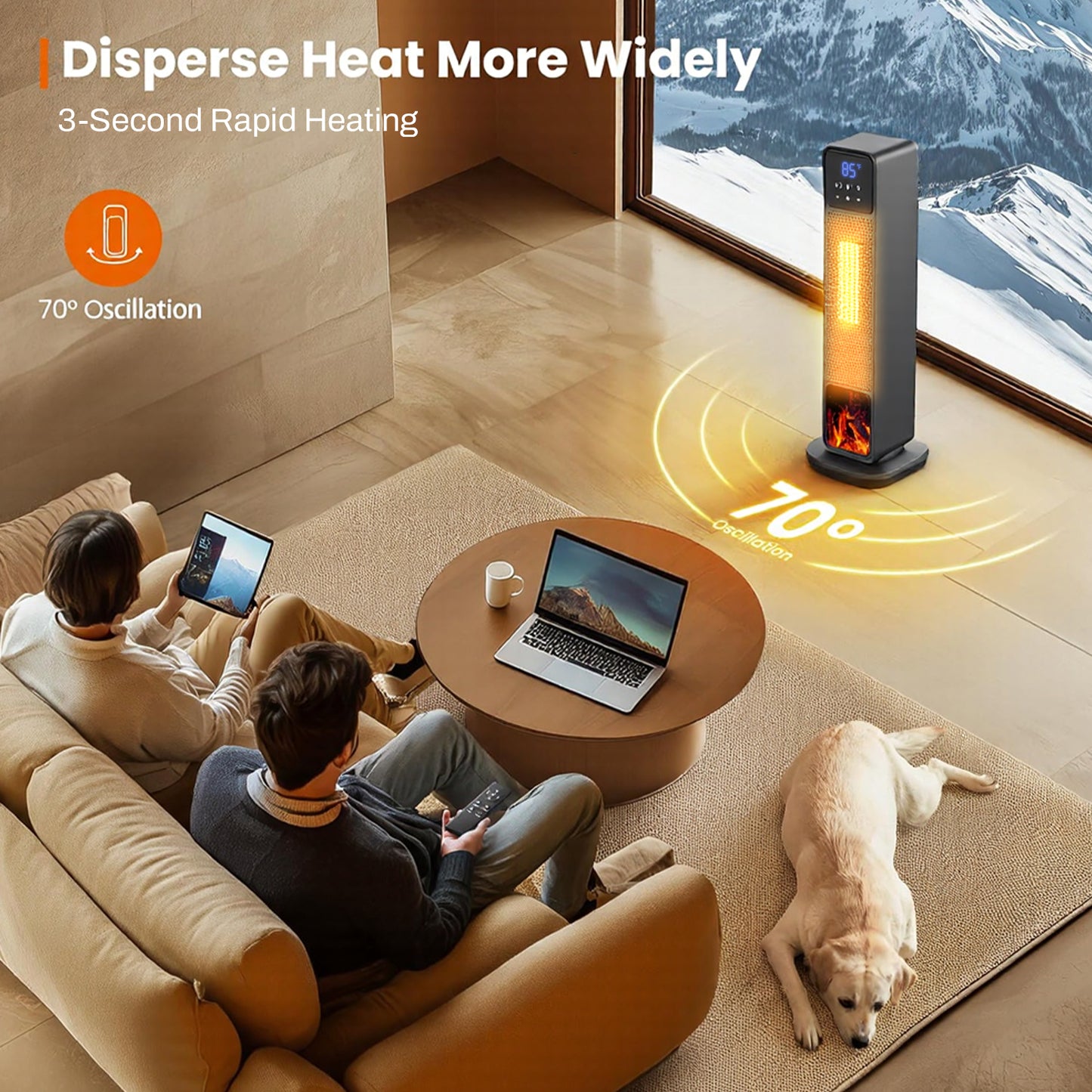 Behome Space Heater Indoor, 24’’ Electric Heaters with Remote & Thermostat, 3 Modes & 70°Oscillation & 12H Timer, Portable Room Tower Space Heater for Office, Bedroom, Large Room
