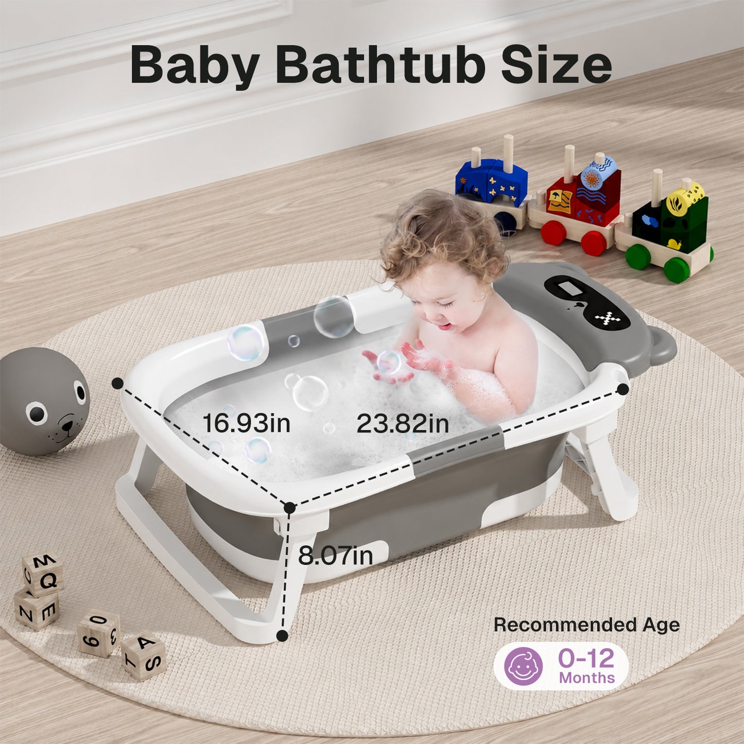 Behome Collapsible Baby Bathtub, Baby Tub with Soft Cushion, Drain Hole& Thermometer, Stable Newborn Bathtub for Infant to Toddler