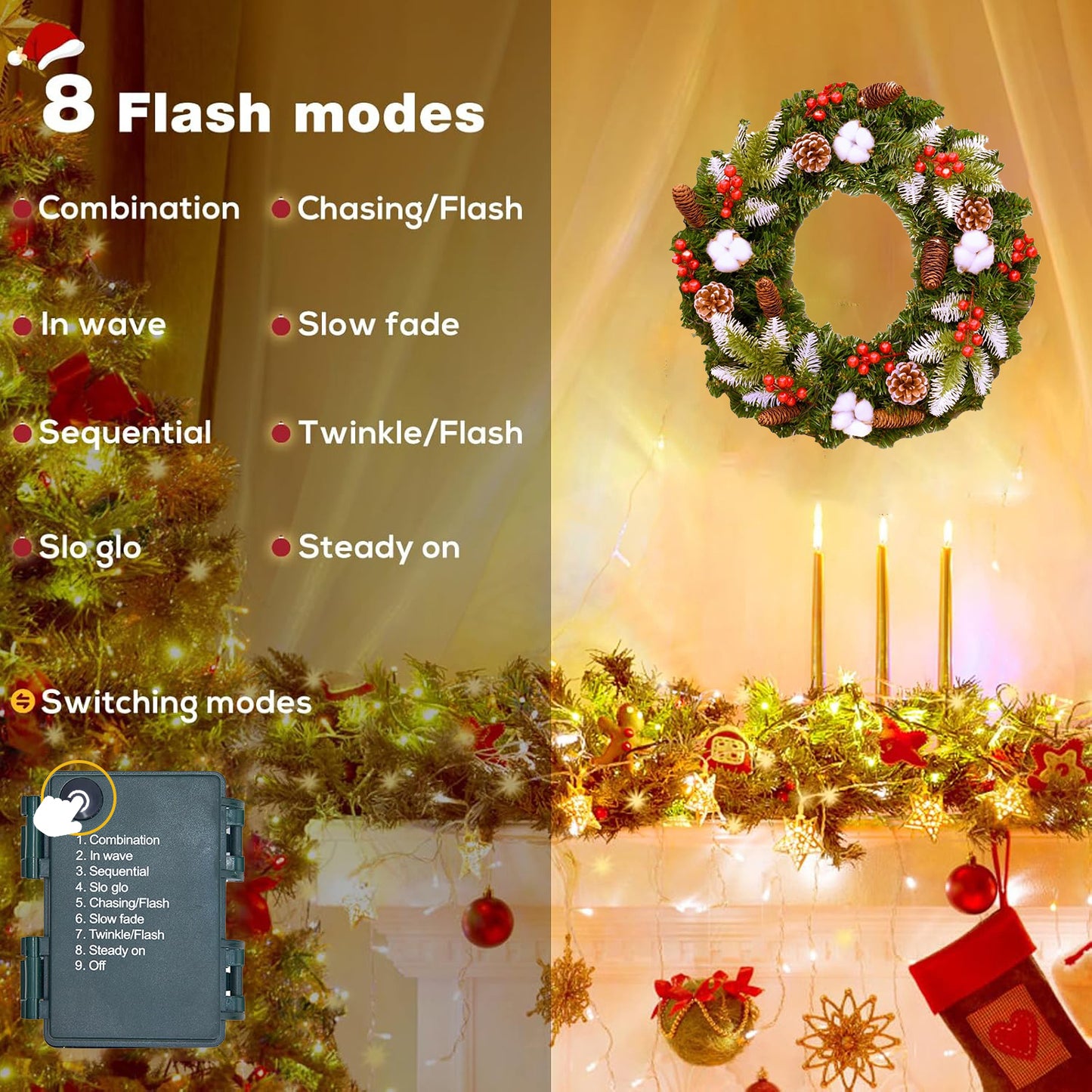 BN-LINK 24 Inch Pre-Lit Artificial Christmas Wreath, 8 Lighting Modes & 50 LED Lights & 180 Branch Tips, X-max Decoration for Home Wall Window Porch