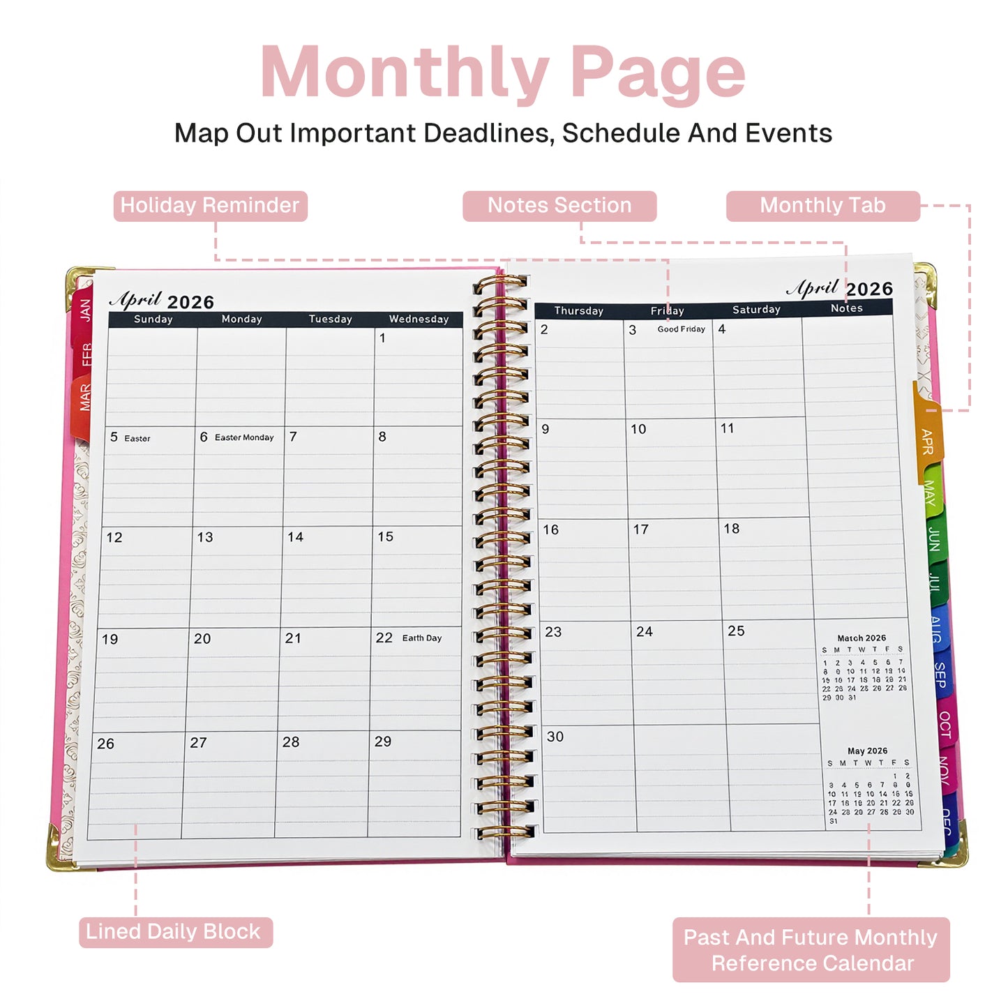 Behome Planner 2026-2027, Academic Monthly & Weekly Planner with Stickers and Tabs, July 2026 - June 2027, 8.5" x 6.5", Hardcover Calendar Planner for School & Office,Pink