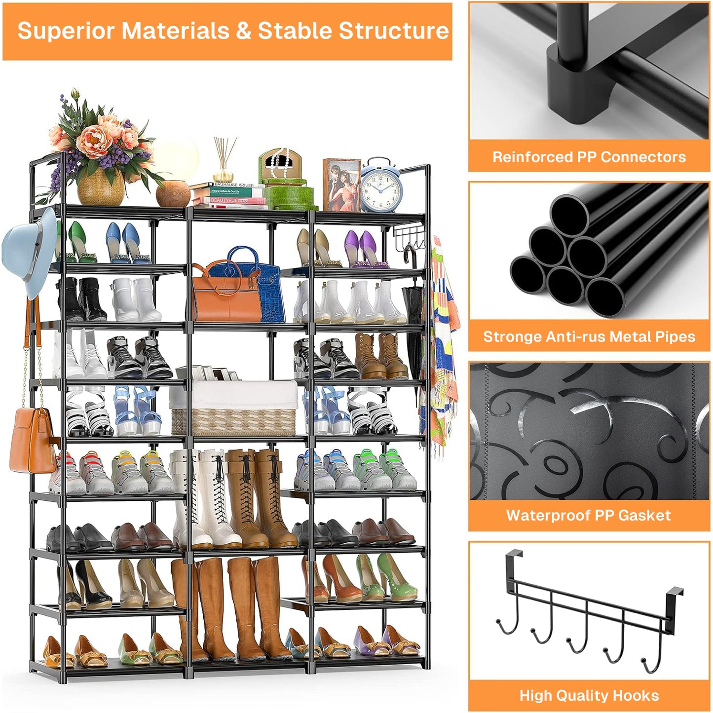 Behome 9-Tier Metal Shoe Rack, Tall Large Shoe Rack Storage Organizer with Hooks, Shoe Shelf for Entryway, Closet, Bedroom, Living Room, Black