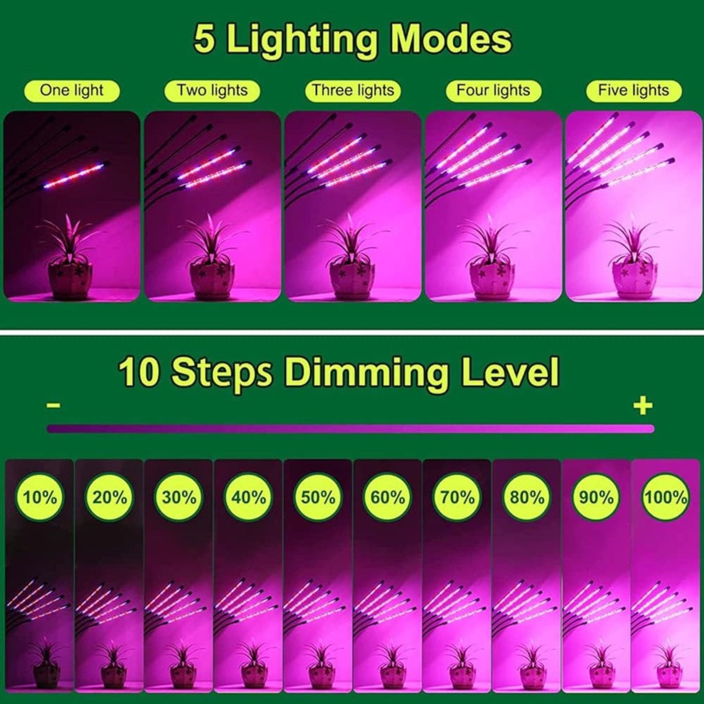 Behome 5 Heads Grow Light for Indoor Plants, Full Spectrum Plant Light with Adjustable Stand, Grow Lamp with Auto ON/Off Timer, 3 Light Modes & 10 Dimmable Brightness