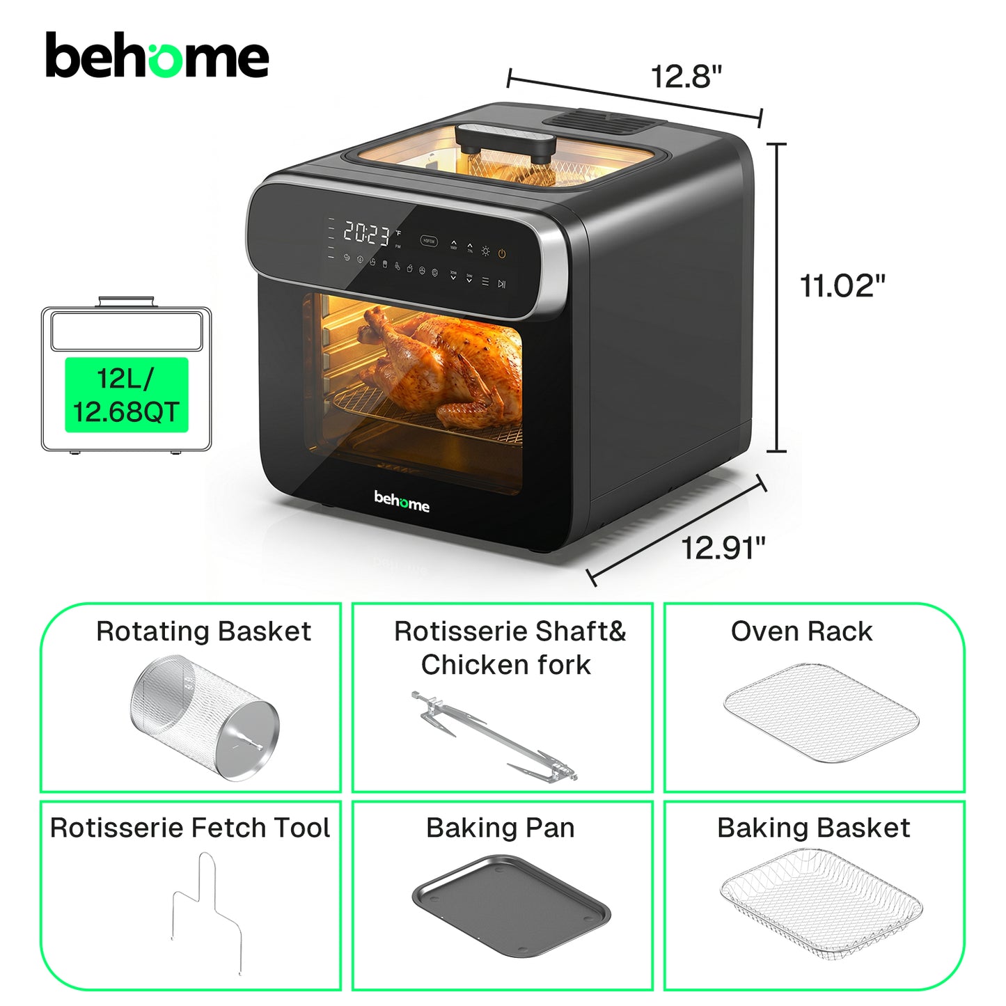 Behome 12.68QT Air Fryer Oven，8-in-1 Functions Digital Airfryer with Visible Window, 3-Layer Cooking Air Fryer for Crisps, Bakes, Roasts,1600W,Black