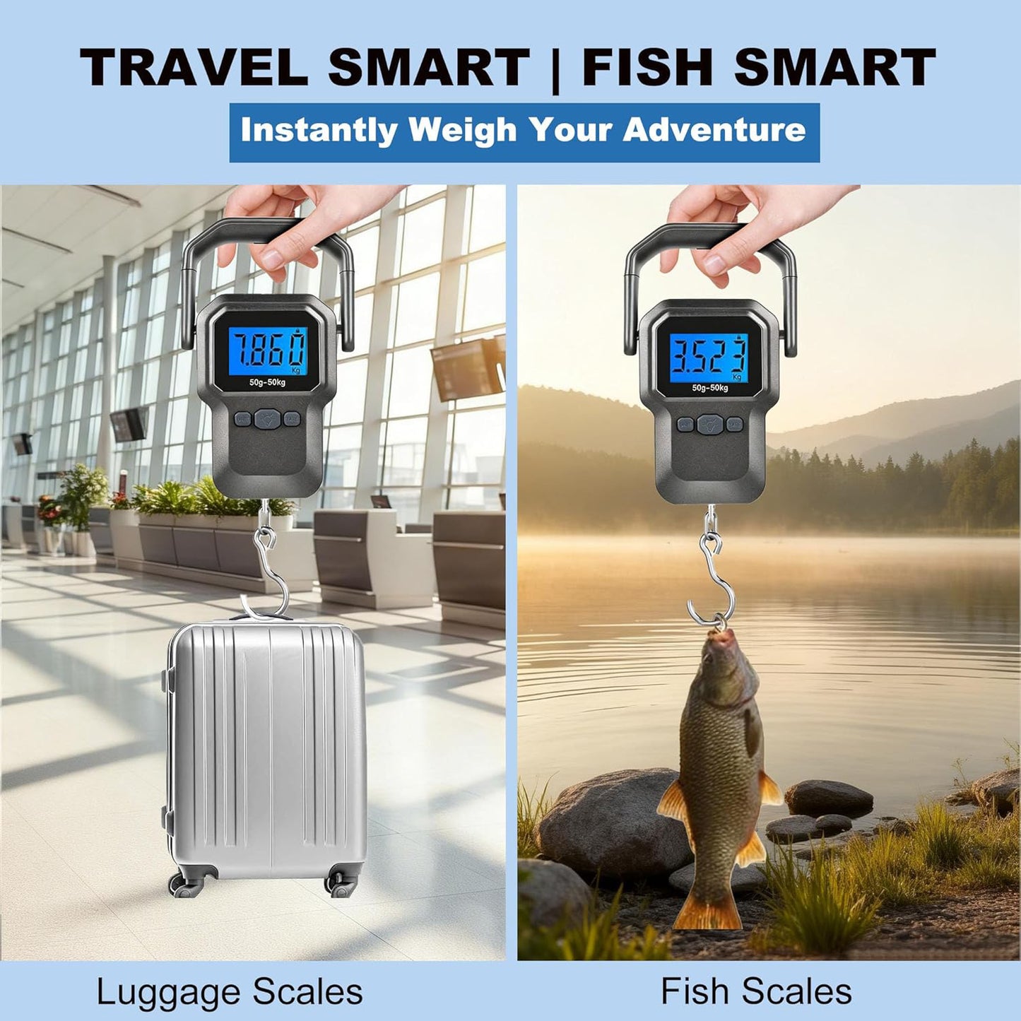 Behome Digital Fish Scale with Measuring Tape, Hanging Luggage Weigh Scale with Backlit LCD Display & Large Handle, Travel Scale for Outdoor, Hunting, Fishing, 110 Pounds, Battery Included