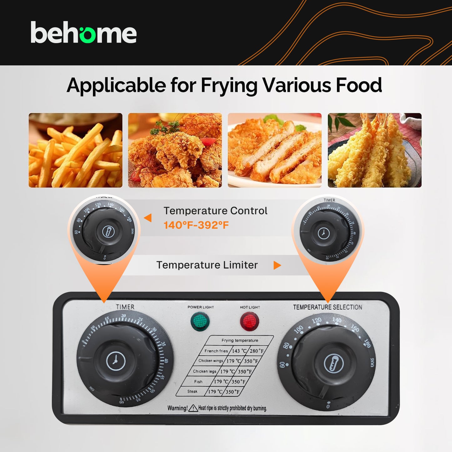 Behome Deep Fryer with 3 Baskets, 1400W 4.5QT/5L Thickened Stainless Steel Countertop Electric Oil Fryer, Easy Clean with Adjustable Temperature & Timer, Silver