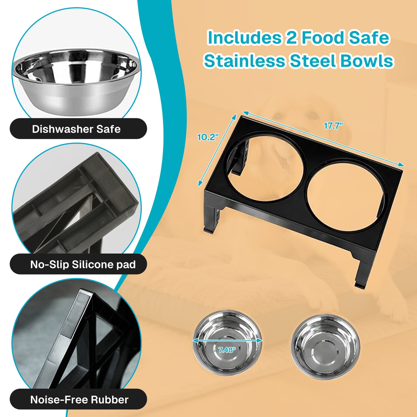 Behmoe Elevated Dog Bowls for Medium Large Dogs,3 Heights Adjustable Breed Raised Dogs Bowl Stand with 2 Stainless Steel Water And Food Bowls,Non-Slip Feeder Dish Station,Black
