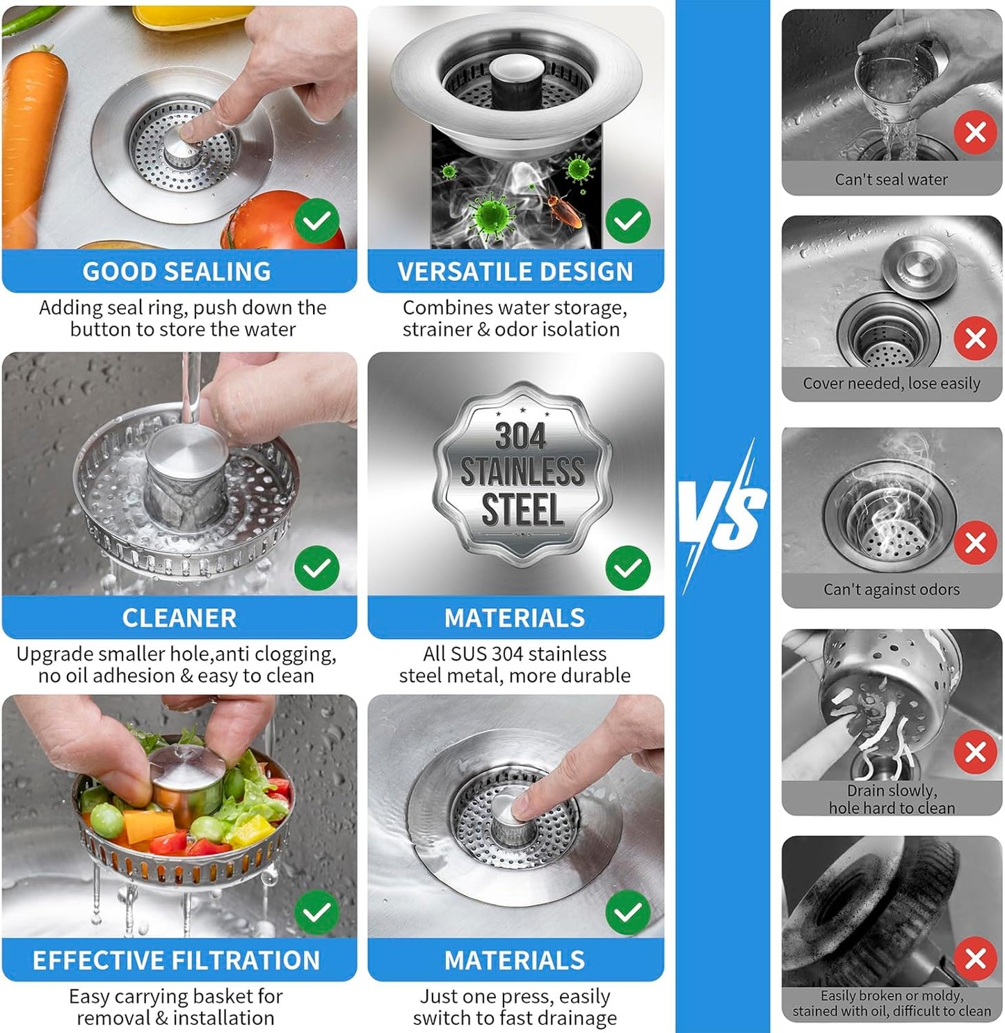 Behome 3 in 1 Kitchen Sink Drain Strainer, 304 Stainless Steel Pop Up Sink Stopper, Fits Standard 3-1/2 Inch Drain Hole, Universal Sink Protector Cover, Anti-Clogging Design, Silver