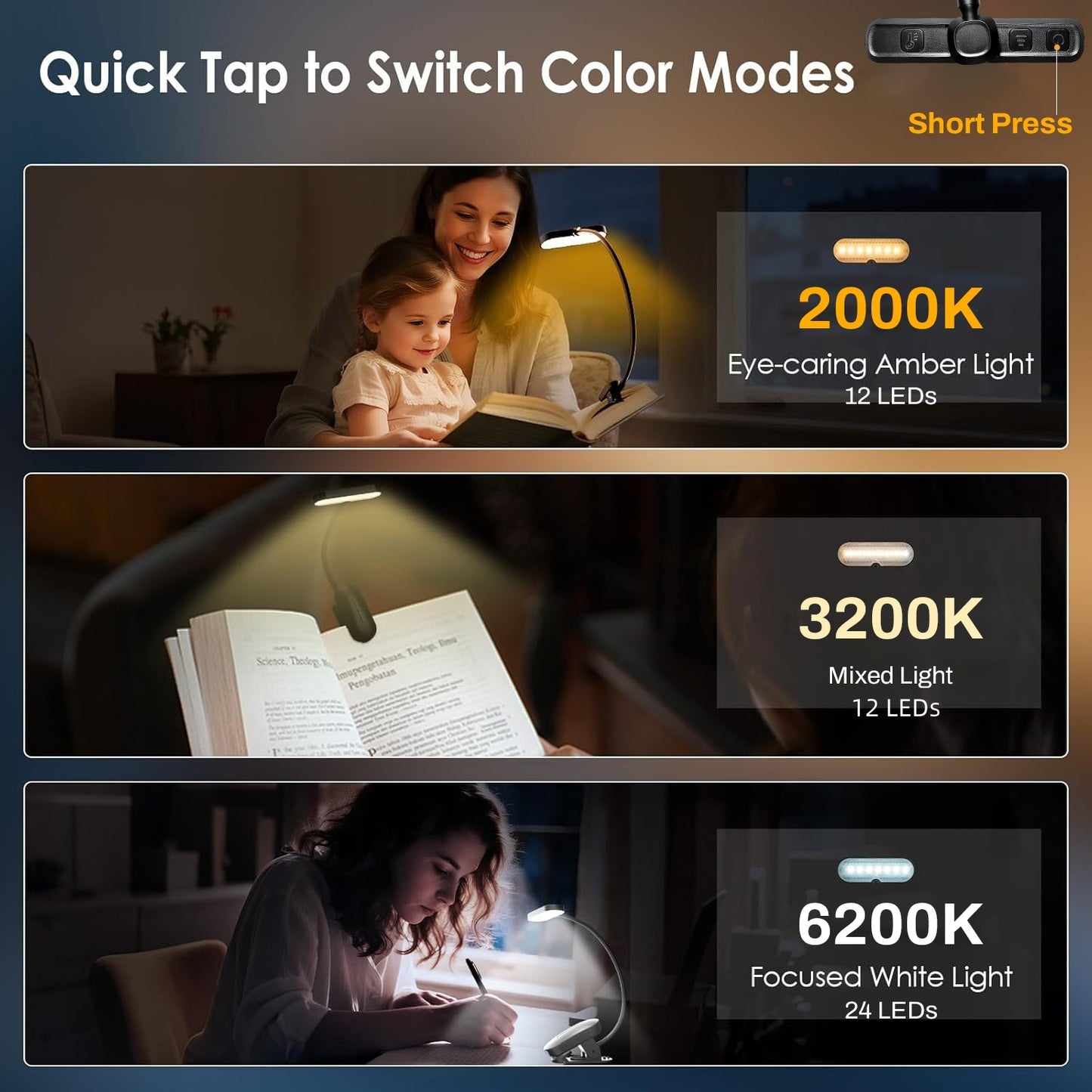 Behome Book Light, 24 LED Rechargeable Reading Light with 3 Color Temperatures and 5 Brightness Levels, Portable Clip on Reading Light for Reading in Bed, Black