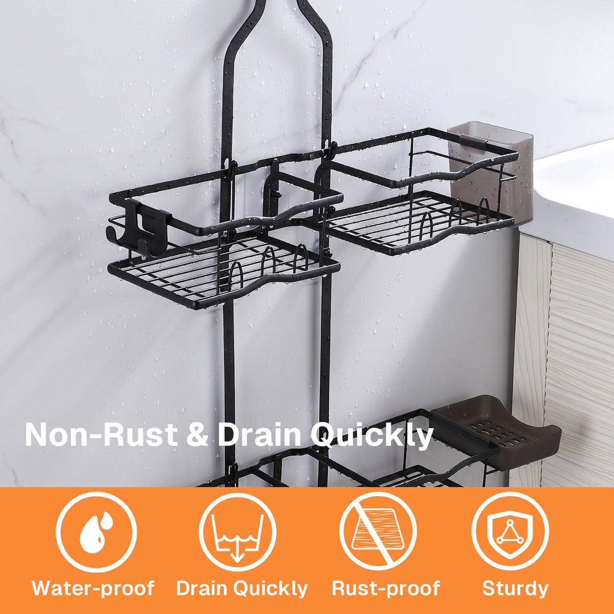 Behome Hanging Shower Caddy, Rustproof Shower Organizer with Soap Holder and Hooks, Over Showerhead Caddy for Bathroom, Black
