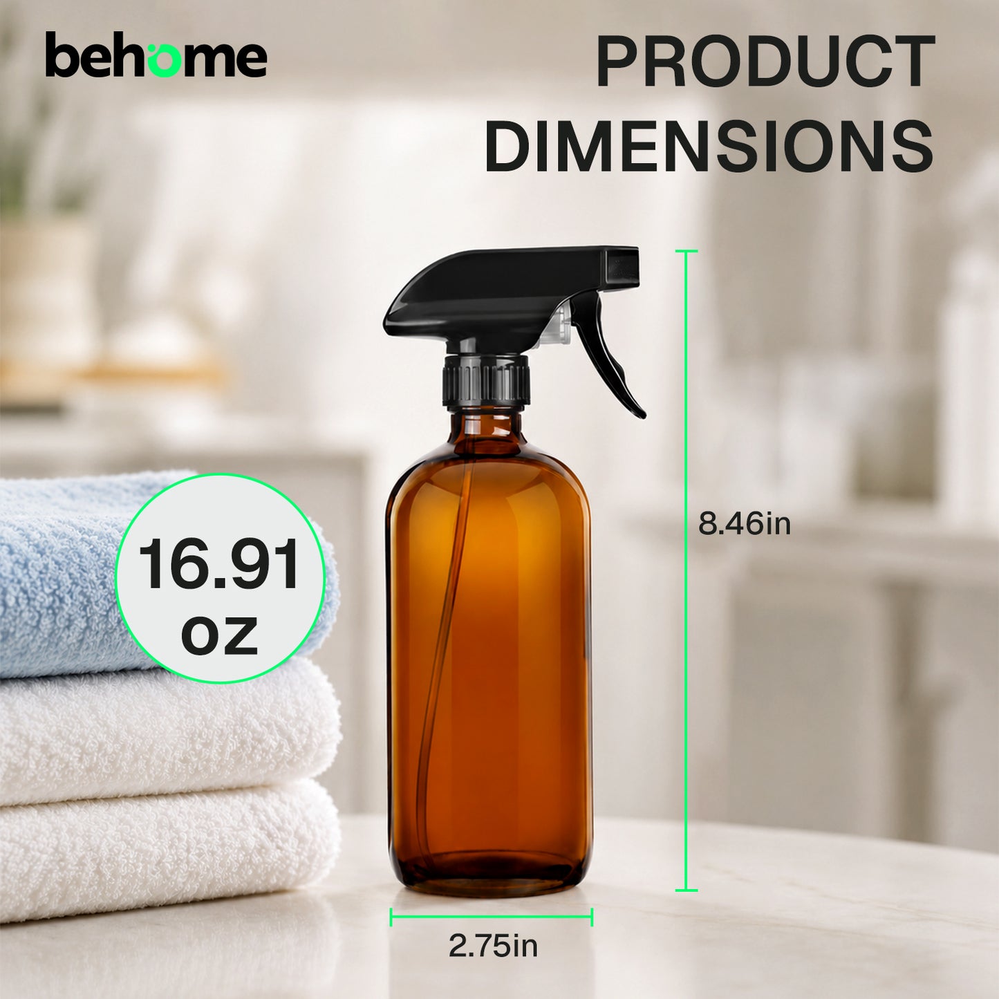 Behome 2-Pack Amber Glass Spray Bottles, 16.9 oz Refillable Spray Bottles with Adjustable Nozzles for Essential Oils, Plants, Cleaning Solutions, Hair Care
