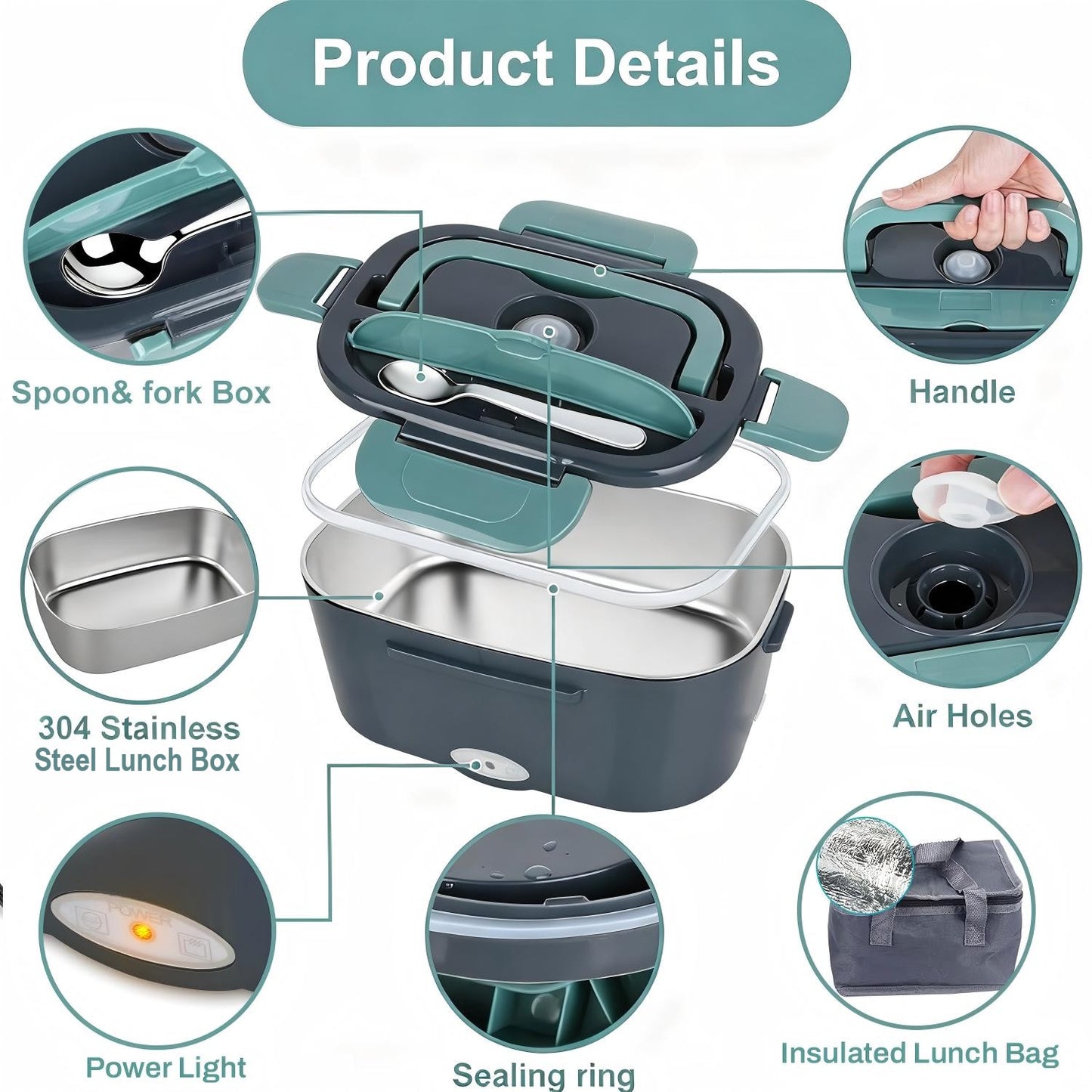 Behome Electric Lunch Box, 3 in 1 Heated Lunch Boxes for Adults, Stainless Steel Food Warmer with 1.5L Container Fork & Spoon, for Work/Car/Truck/Travel