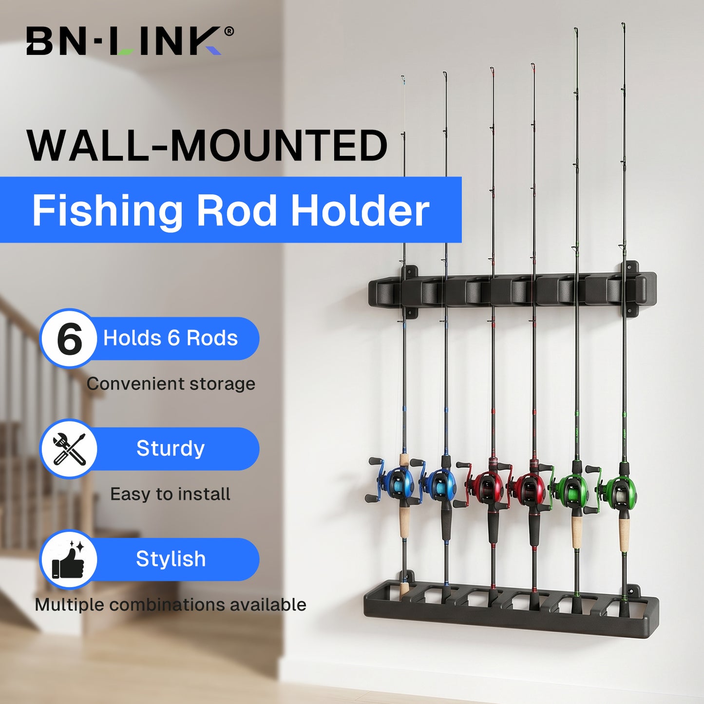 BN-LINK Wall-Mounted Fishing Rod Holder, Holds Up to 6 Rods, Fishing Pole Rod Rack, Easy-To-Mount Fishing Pole Holders for Garage, Fishing Gear and Gifts for Men